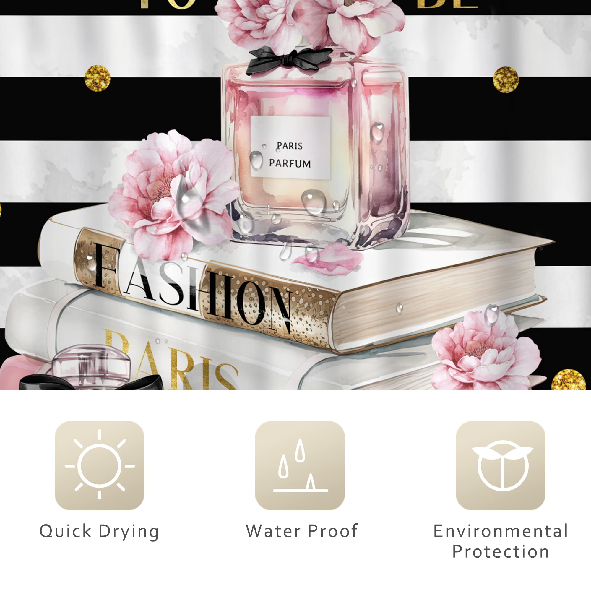 Riyidecor Fashion Women Shower Curtain 72Wx72H Inch Black White Striped Pink Modern Magazine Books Perfume Flower Girls Bathroom Decor Fabric Polyester Waterproof 12 Pack Hooks
