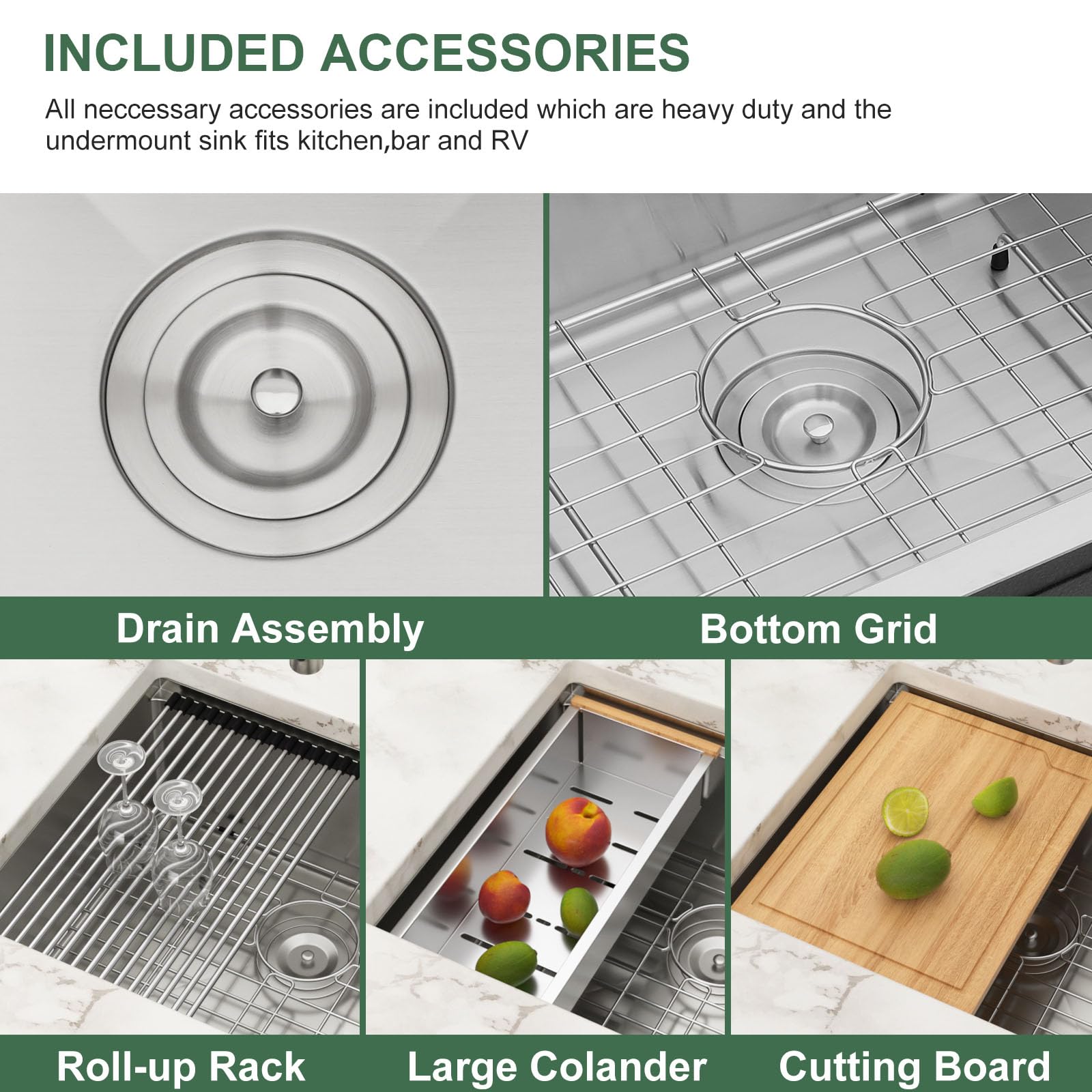 Couoko 33 Inch Undermount Kitchen Sink 16 Gauge Stainless Steel Workstation Round Corners Single Bowl Under Counter Kitchen Sink