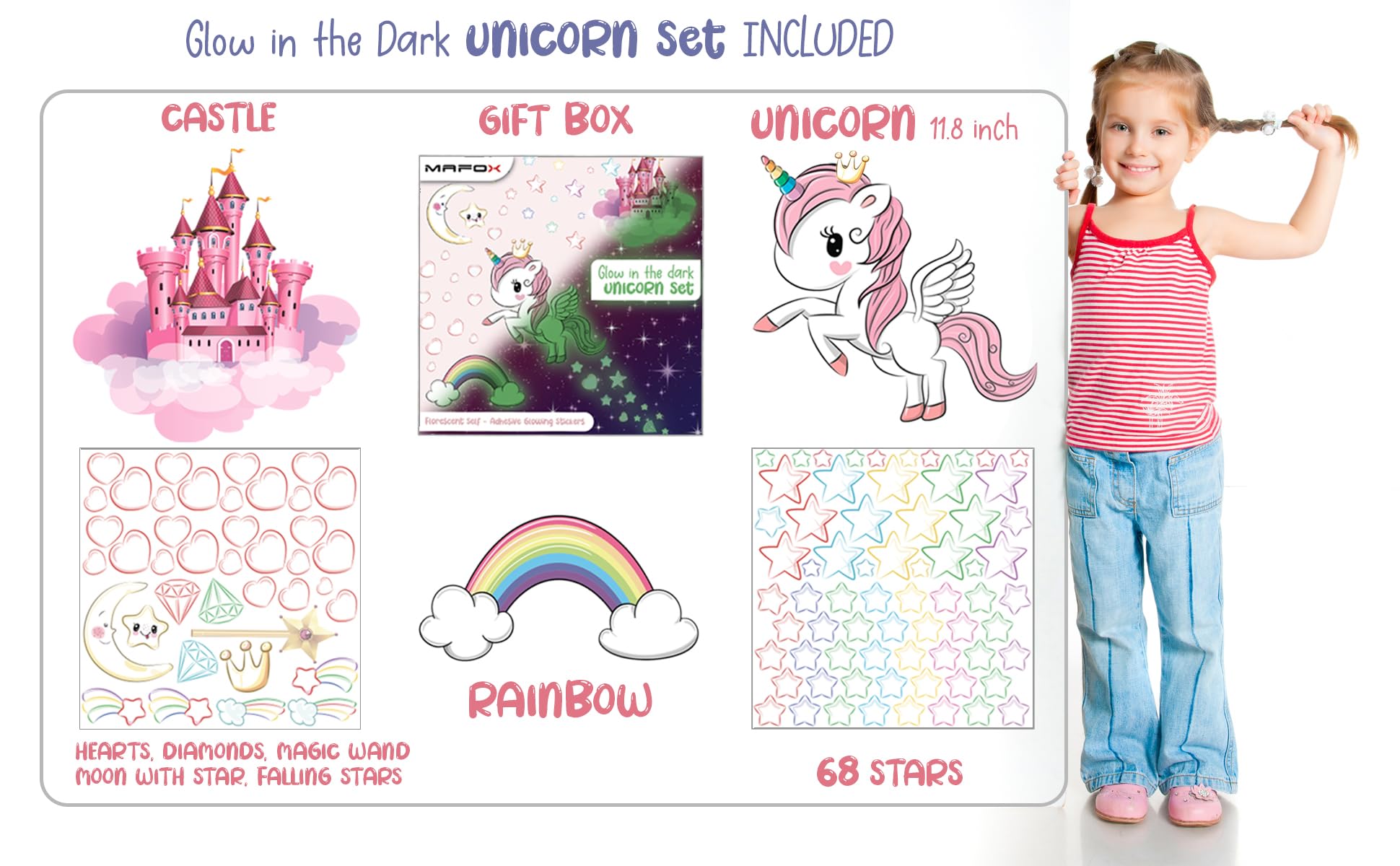 Glow In The Dark Stars, Glowing Unicorn Sets With Castle Moon And Rainbow Wall Decals For Kids Bedding Room, Great For Birthday
