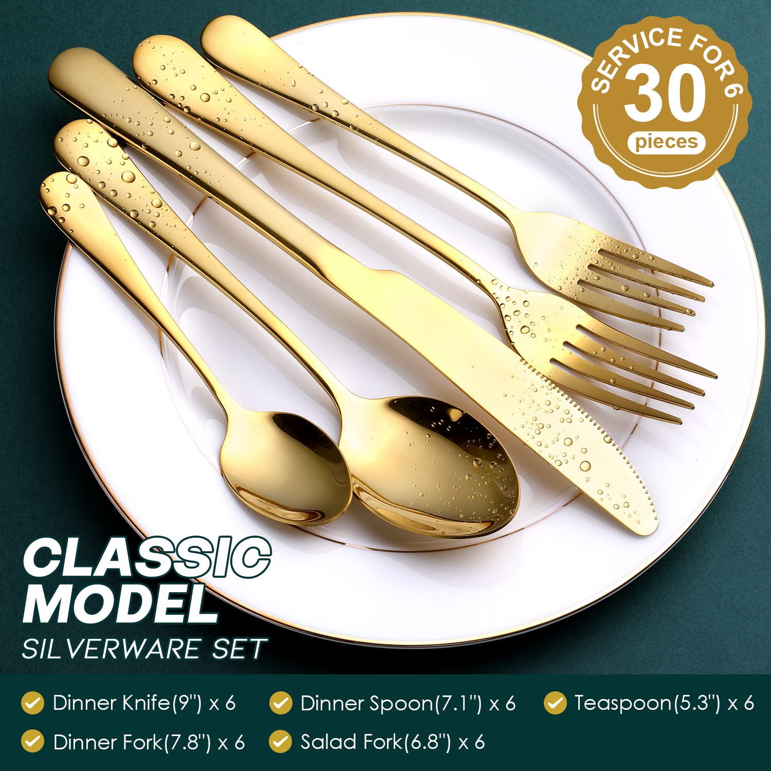 Gold Silverware Set  OGORI 30-Piece Gold Forged Stainless Steel Flatware Set  Service of 6