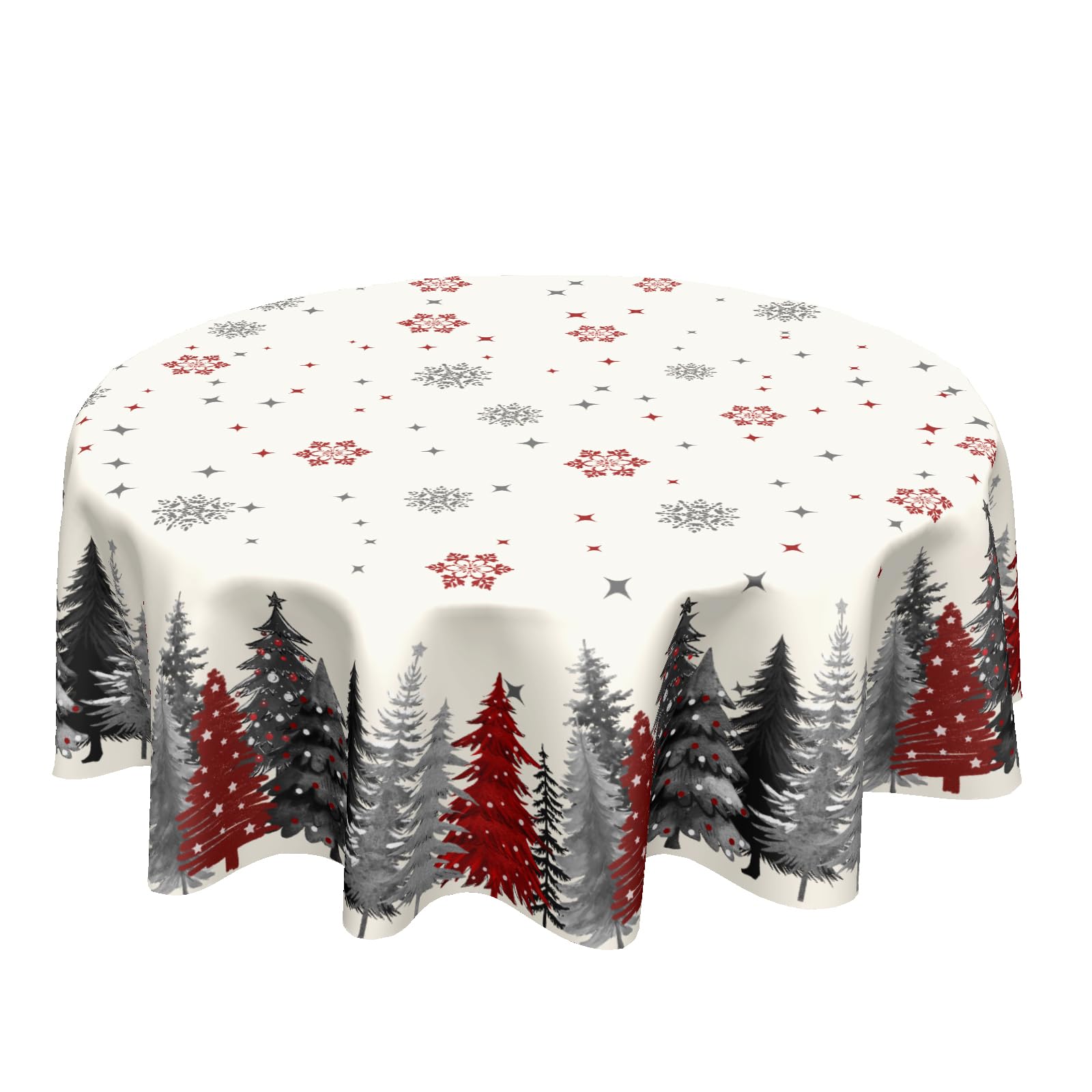 ABSOP Christmas Snowflake Round Tablecloth Cream Tablecloth 60 Inch Gary and Red Tree Pattern Circle Table Cloth Winter Holiday 