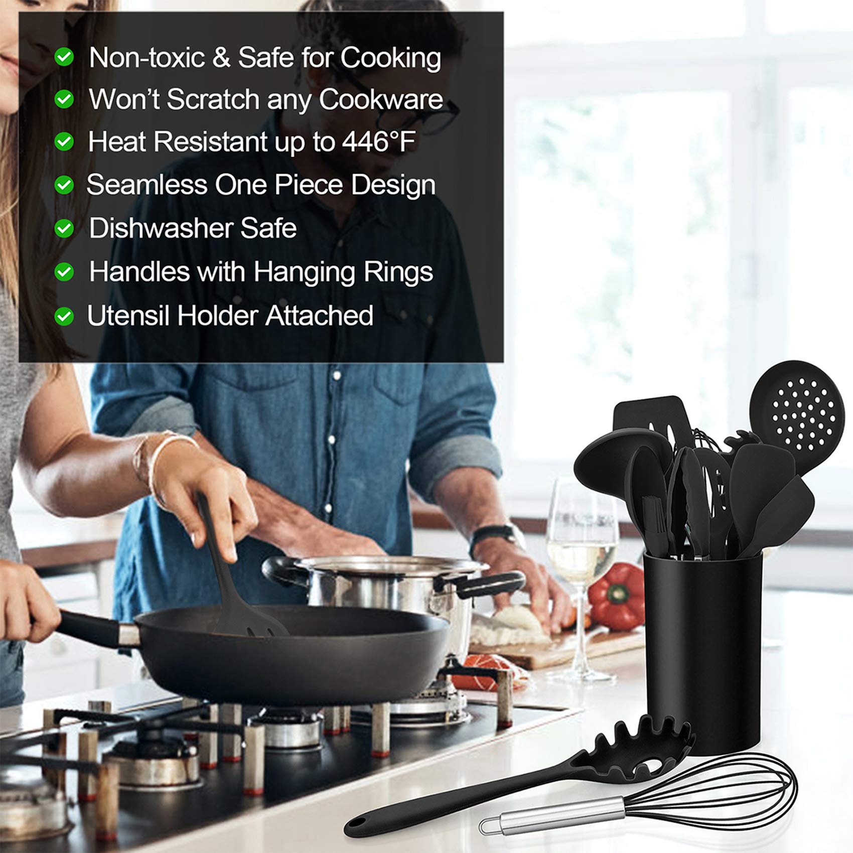 Lianyu 12-Piece Black Silicone Kitchen Cooking Utensils Set With Holder, Kitchen Tools Include Slotted Spatula Spoon Turner Ladl