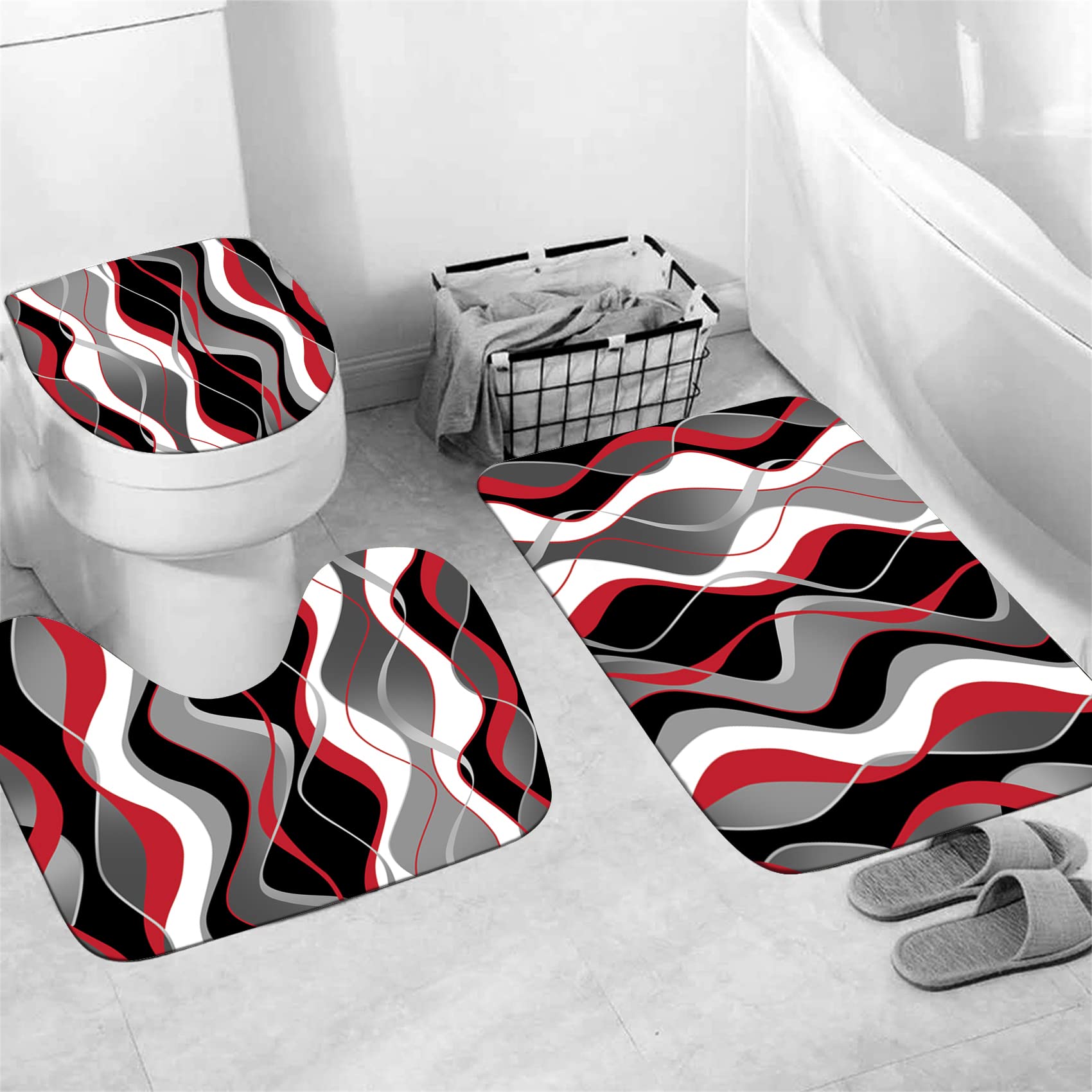 Nkzply 4 Pcs Red And Black Striped Shower Curtain Set Grey And White Bathroom Sets With Shower Curtain And Rugs Red Modern Home