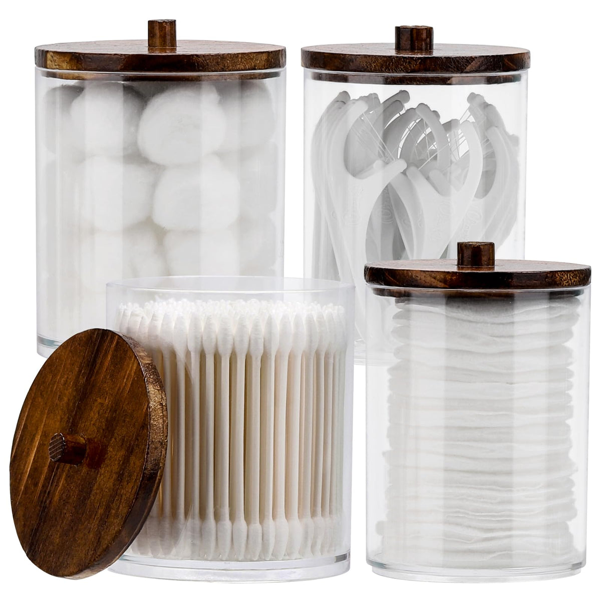 Tbestmax 4 Pack Qtip Holder Dispenser Cotton Ball, Cotton Swab, Floss - 12Oz, 10 Oz Clear Plastic Apothecary Jars For Bathroom O