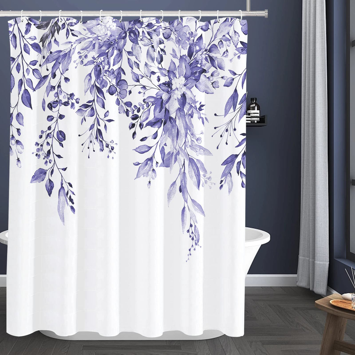 Tititex Very Peri Purple Blue Eucalyptus Shower Curtain Sets, Bright Watercolor Leaves On The Top Plant With Floral Bathroom Dec