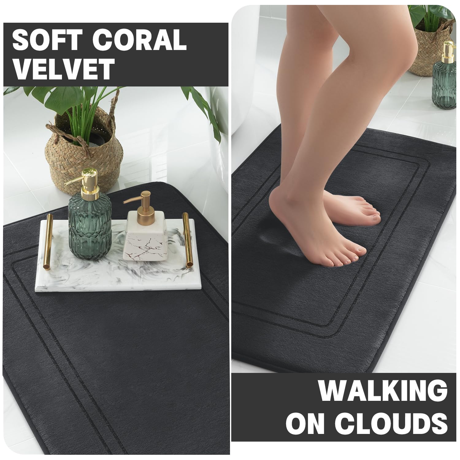 Yihouse Black Memory Foam Bathroom Rug Set 5 Piece, Absorbent Bathroom Mat Set, Non Slip Bath Mats For Bathroom, Washable & Dry