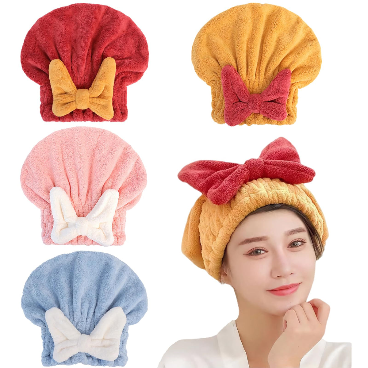 YUMINGUHC 4Pcs Ultra Absorbent Hair Quick Drying Towel for Women Girls New Microfiber Hair Towel Wrap Dry Turban Soft Bow Tie Pl