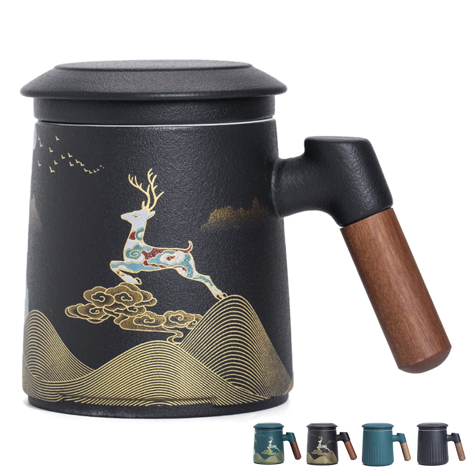 Taoci Ceramic Tea Mug With Infuser And Lid Tea Cup Moon Deer Mountain Creative Embossed Design Coffee Mug With Strainer And Wood