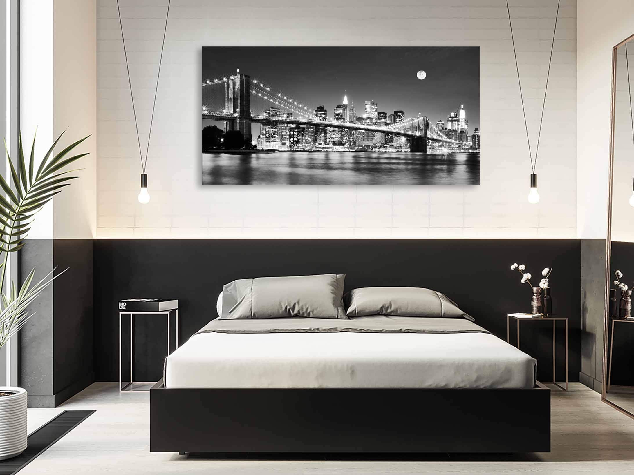 Baisuart-Q30375 Brooklyn Bridge Night View 1 Panels Landscape Artwork Canvas Prints Moon Night New York City Scene Picture Paintings Black and white Wall Art for Oiffce Home Decorations Wall Decor
