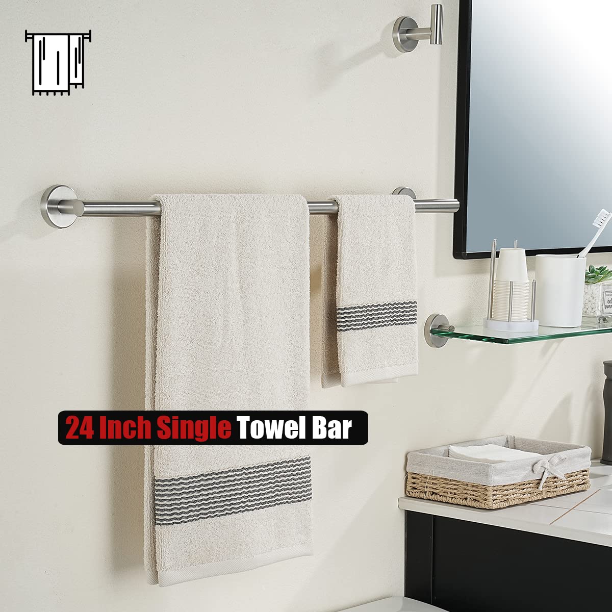 JQK Bath Towel Bar  24 Inch 304 Stainless Steel Thicken 0.8mm Towel Rack Bathroom  Towel Holder Brushed Finished Wall Mount  Total Length 27 Inch  TB110L24-BN