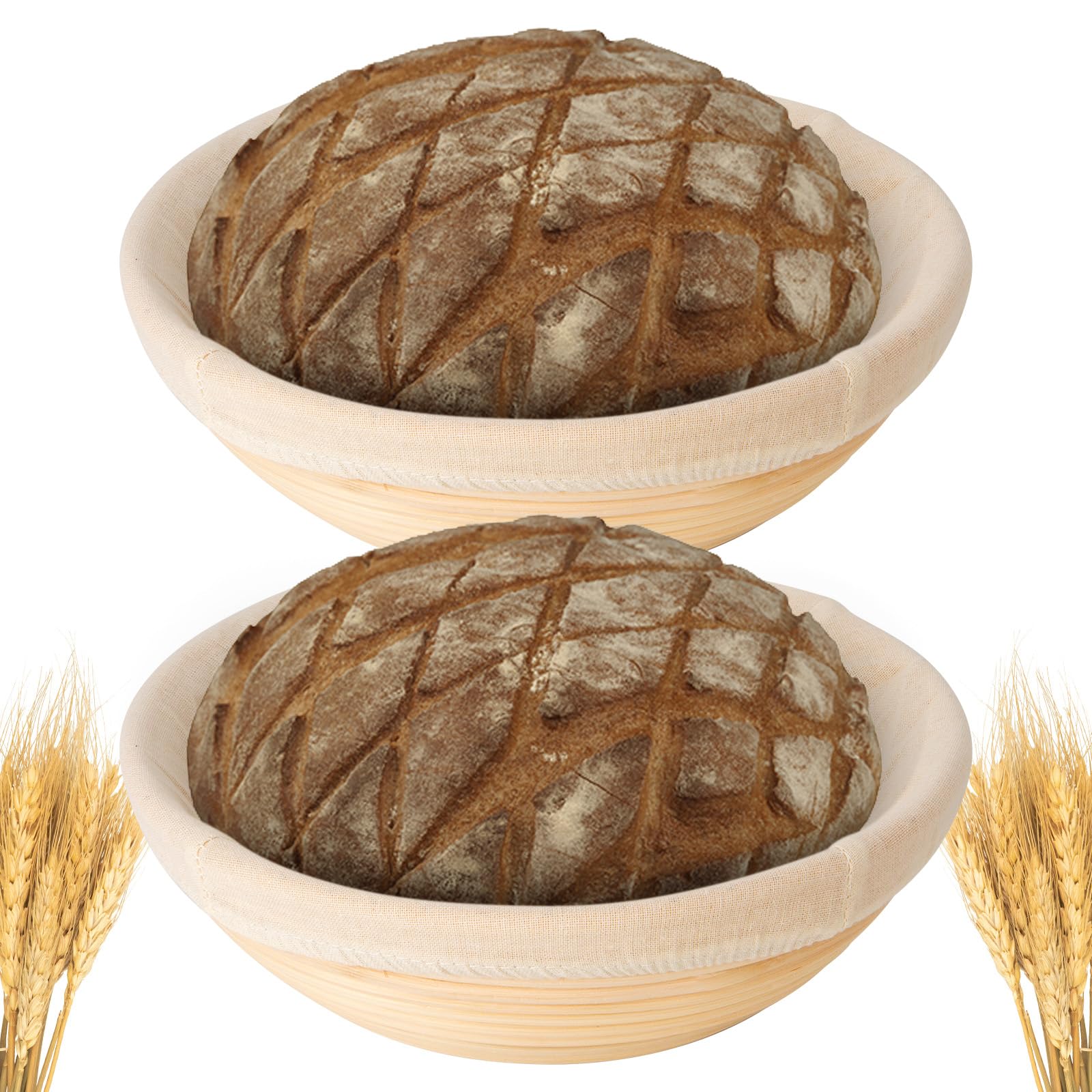 10 Inch Round Banneton Bread Proofing Basket Set Of 2Pcs Bread Dough Proofing Rising Rattan Basket & Liner For Baking Bread Maki