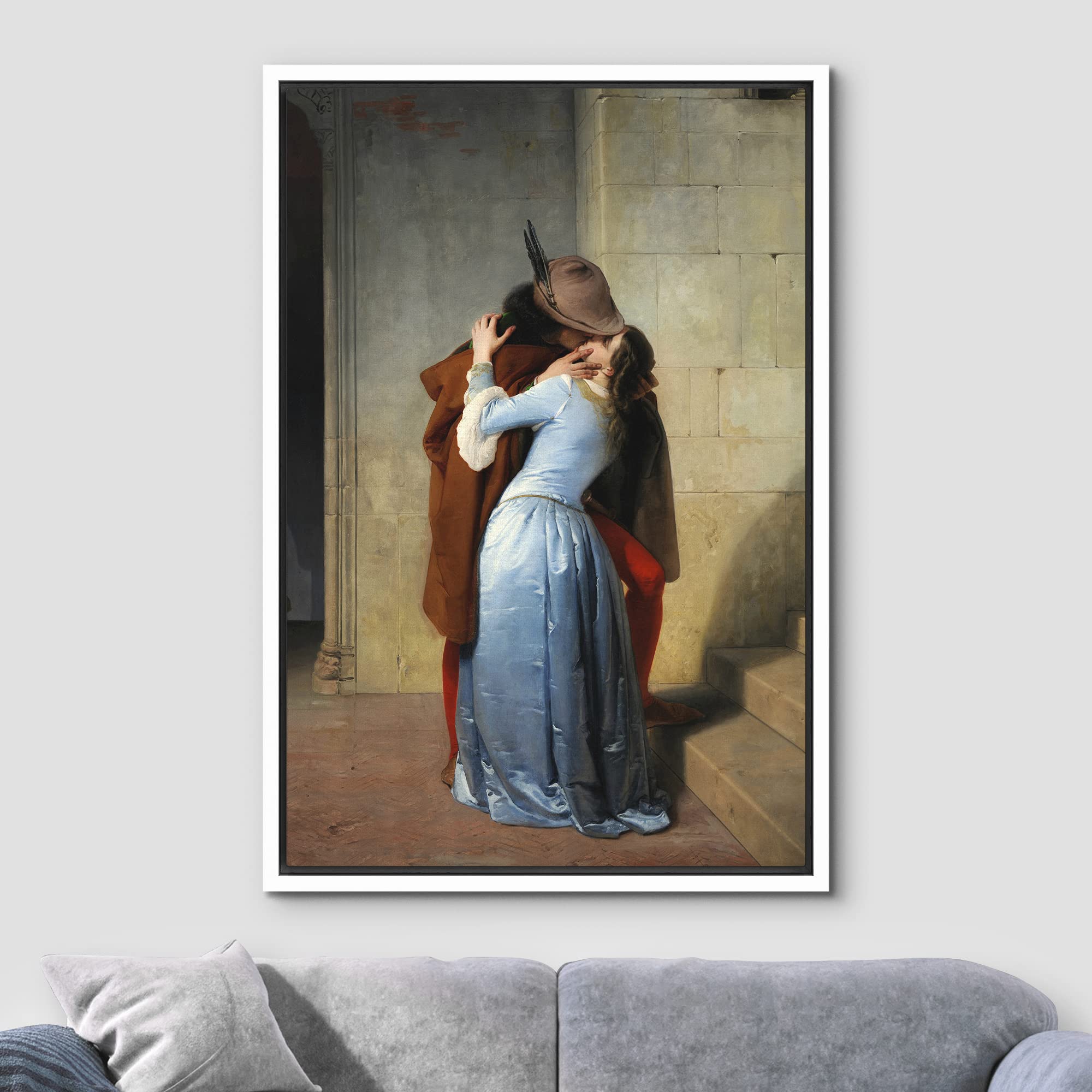 Wall26 The Kiss (Il Bacio) By Francesco Hayez - Framed Canvas Print Wall Art Famous Painting Reproduction - 16''X24'' White