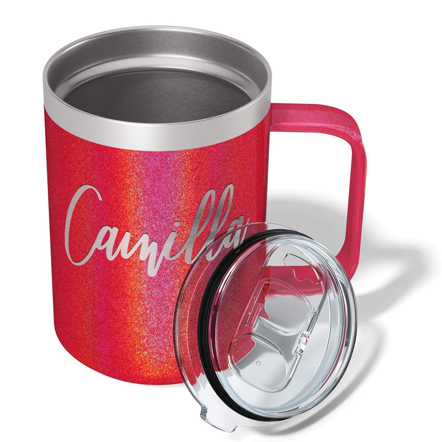 Personalized Coffee Mug Cherry Red Glitter 15 Oz With Lid And Handle Custom Engraved Gift Stainless Steel Vacuum Insulated Cup