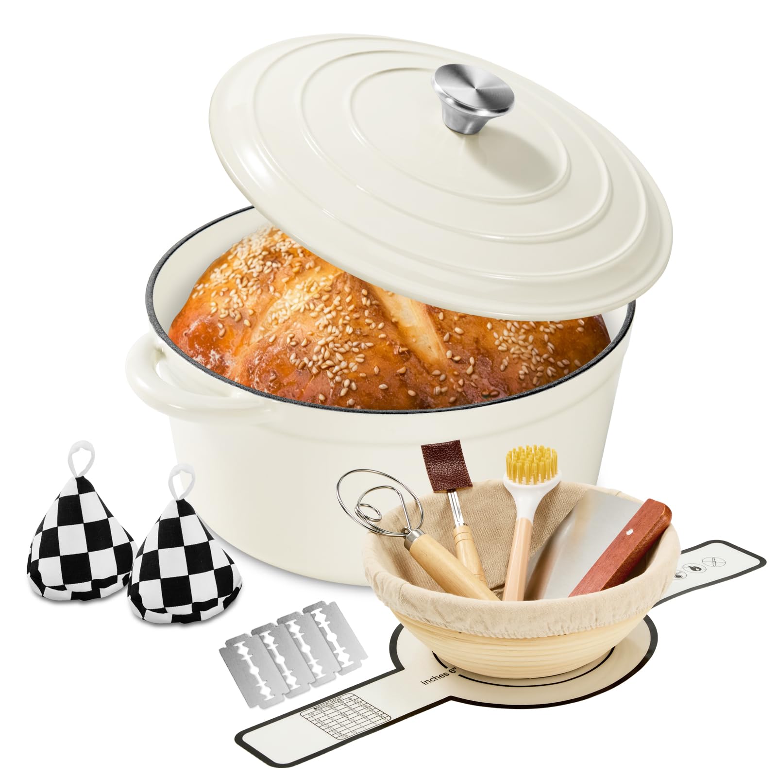 Blingco Enameled Cast Iron Dutch Oven With Lid -6.5 Qt, Incl. Sourdough Bread-Baking Supplies Like Banneton Proofing Basket, Hea