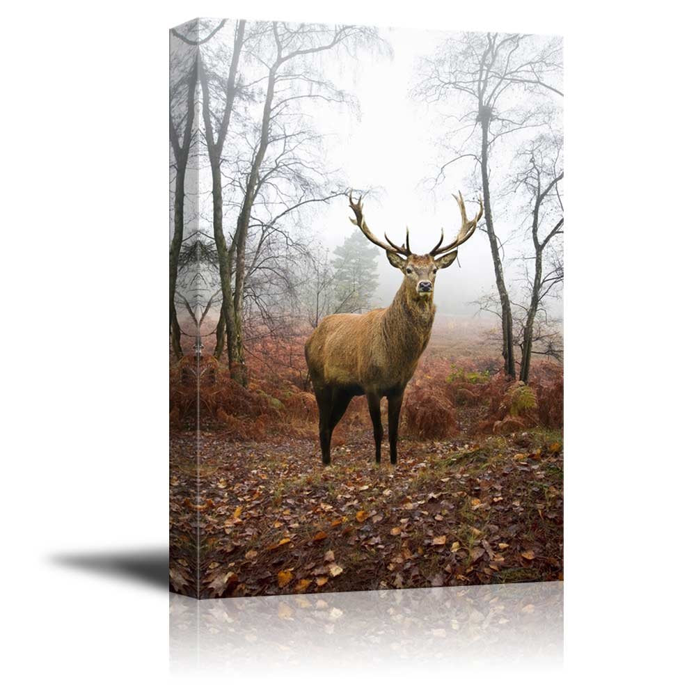 Canvas Prints Wall Art - Beautiful Red Deer/Stag In Foggy Misty Forest Landscape In Autumn/Fall | Modern Wall Decor/Home Art Str