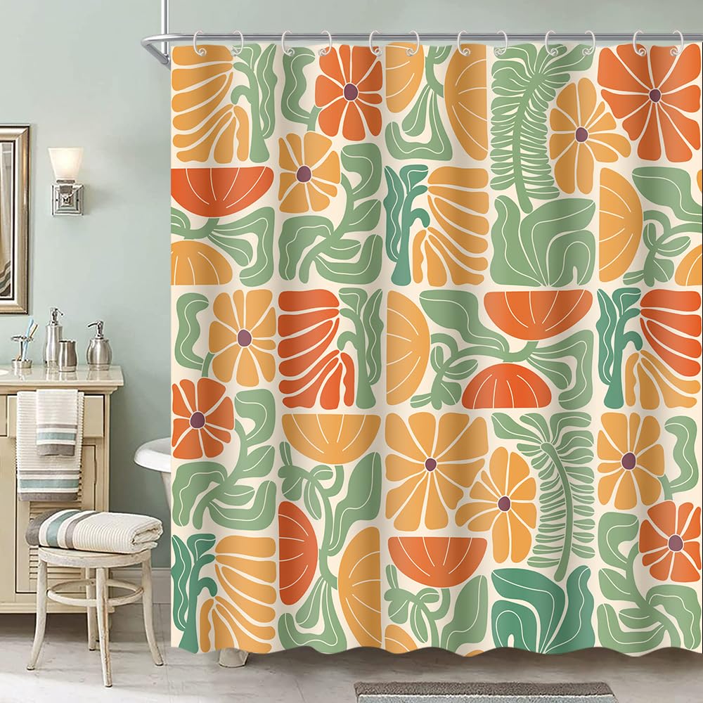 Deecabin Boho Abstract Colorful Floral Shower Curtain, Vintage Retro Patchwork Orange Green Flower Botanical Geometric Aesthetic