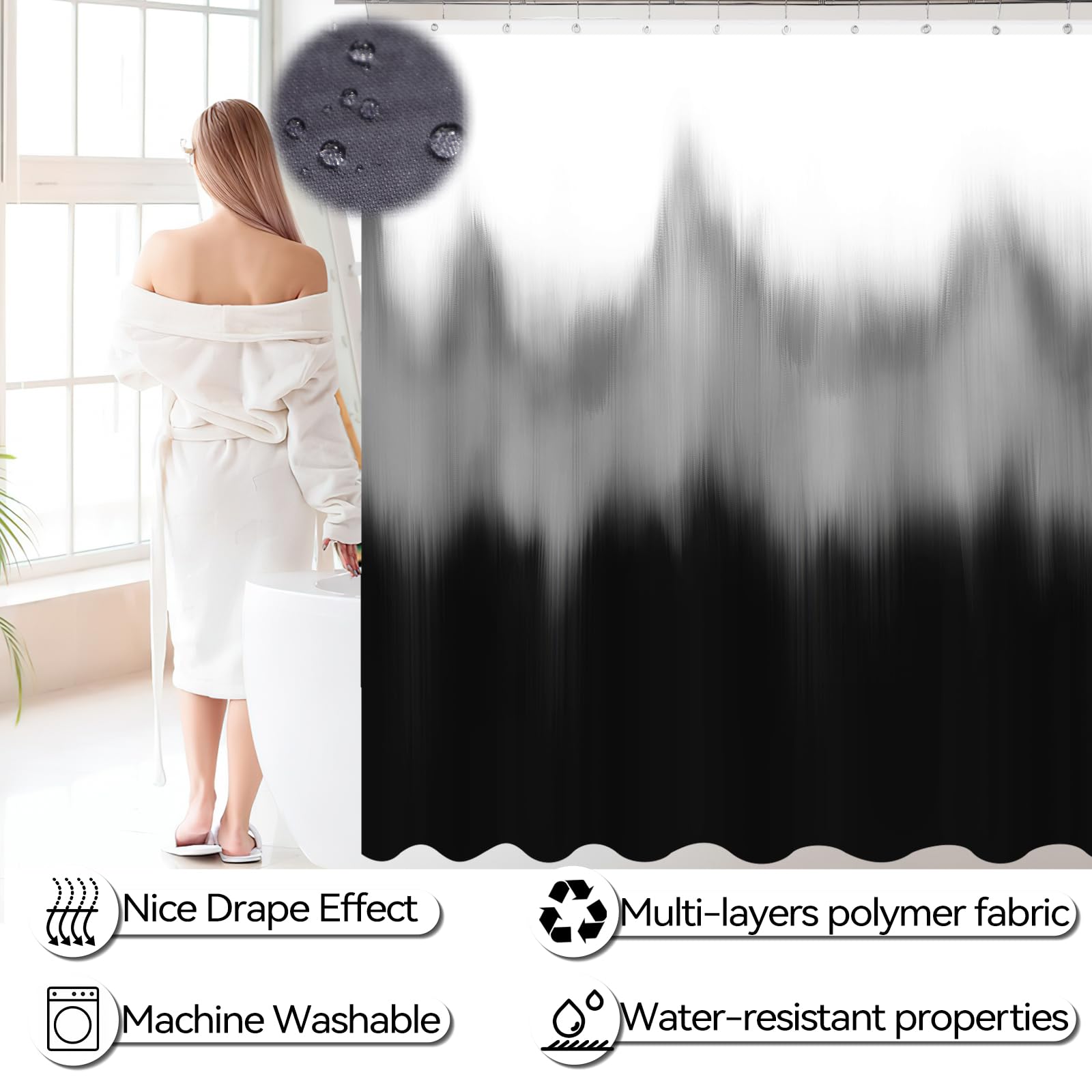Imucci Bathroom Accessories Black Bathroom Sets With Shower Curtain And Rug, Black Ombre Waterproof Shower Curtain With Ultra Ab