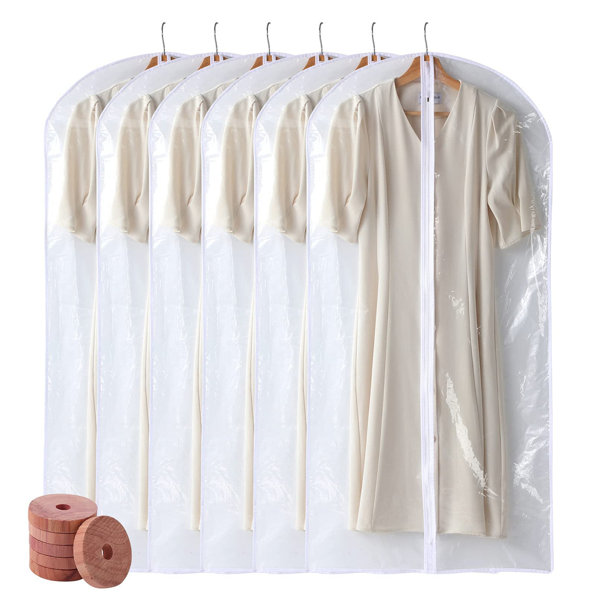 Perber Garment Bags For Hanging Clothes, 6 Pcs Clear Garment Bag, Plastic Dustproof Suit Bag, Coat Protector Zippered Garment Co