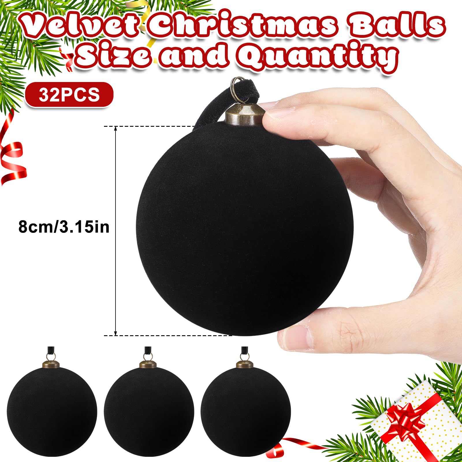 Arrowbash 32 Pcs Black Velvet Christmas Balls Bulk - 3.15 Inch Flocked Christmas Tree Ball Ornaments Xmas Shatterproof Hanging O