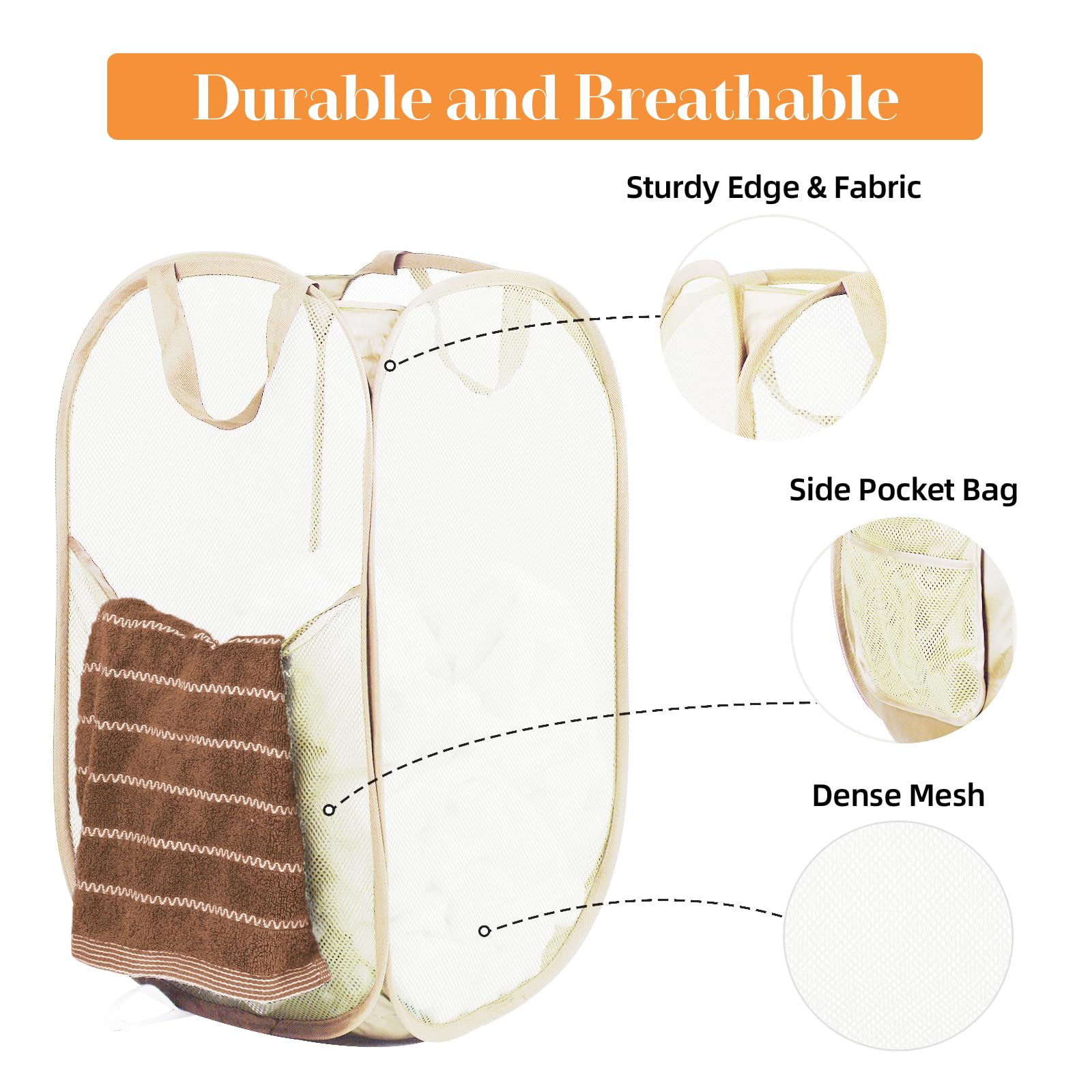 Durable Collapsible Laundry Baskets- Reinforced Mesh Pop Up Laundry Hamper With Side Pocket, Foldable Clothes Storage Hamper Wit