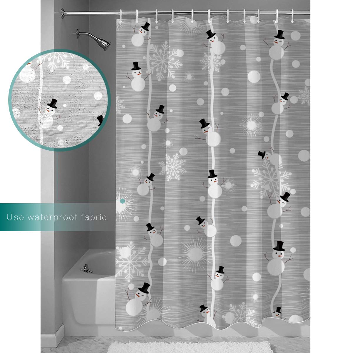 Merry Christmas Shower Curtain, Snowman And Snowflake On Grey Background Digital Print, Fabric Bathroom Decor With Hooks, 54 X 7