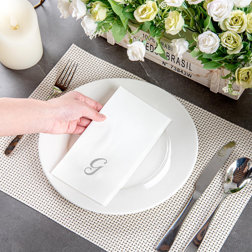 Luxenap 15.8 X 7.9 Inch Linen-Feel Guest Towels, 50 Lettered Hand Towels - Silver Letter 'G', Cursive Font, White Paper Dinner N