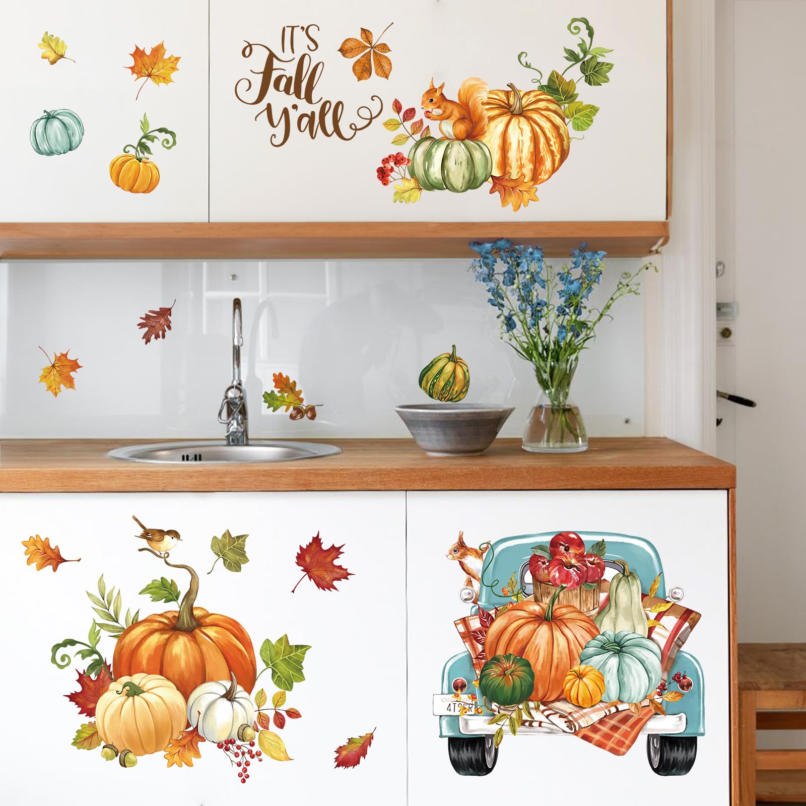Wondever Fall Thanksgiving Pumpkin Wall Stickers Autumn Leaves Truck Peel And Stick Wall Art Decals For Kitchen Dining Room Bedr