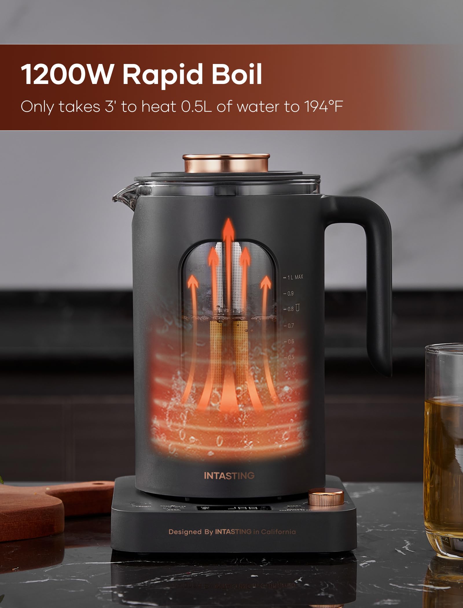 Electric Tea Kettle, Intasting Glass Electric Kettle With Tea Infuser And Precise Knob Temperature Control, 1200W Fast Heating,