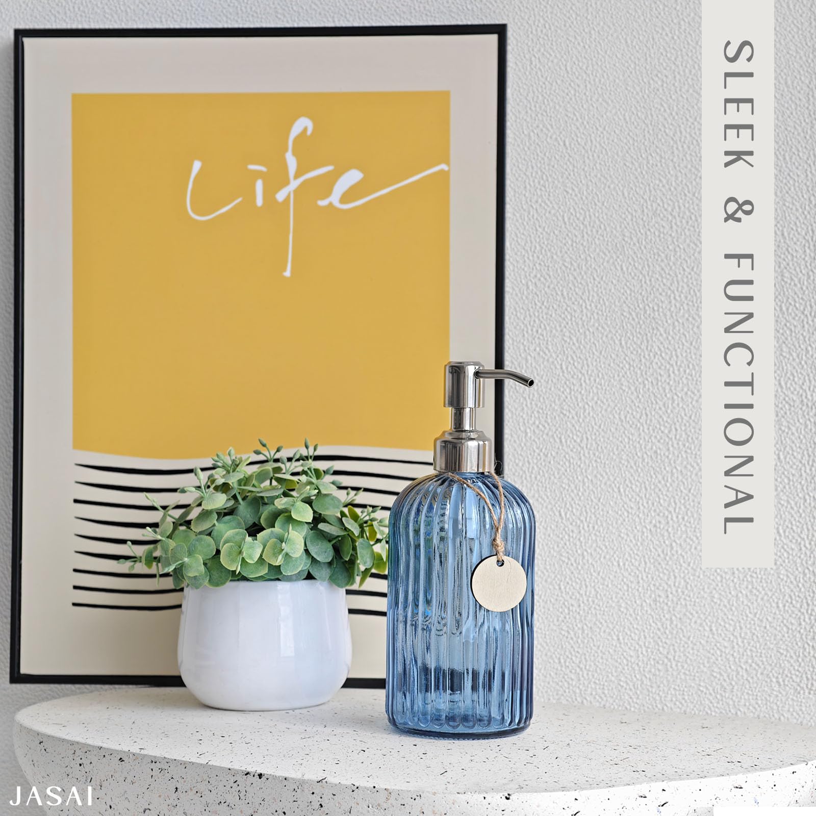 JASAI 18Oz Glass Soap Dispenser - Navy Blue, Refillable, Vertical Stripe for Kitchen & Bathroom, Model GB-VT-Blue