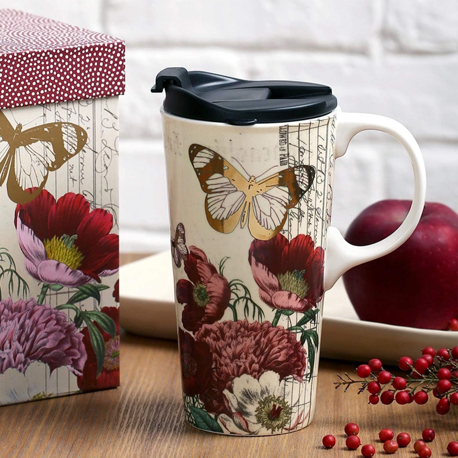 Topadorn 17 Oz Ceramic Mug Travel Cup With Handle And Gift Box Red Flower And Butterfly