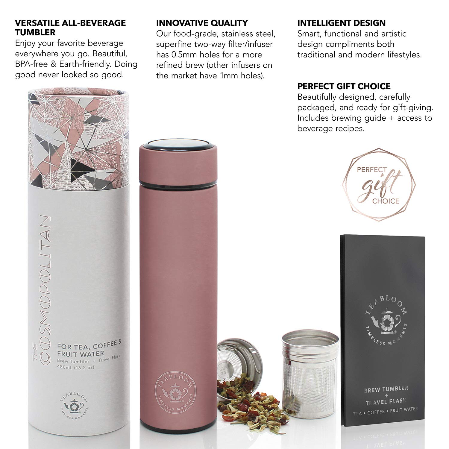 Teabloom - The Original All-Brew Travel Tumbler & Thermos | Oprahs Favorite | 16Oz/480Ml Stainless Steel Insulated Water Bottle/