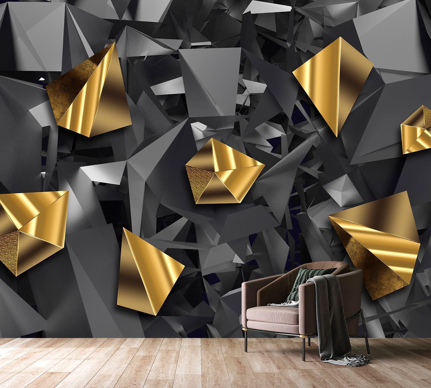 PYFFYP- 3D Grey and Gold Geometric Wallpaper wall murals for Bedroom(Not Peel and Stick)