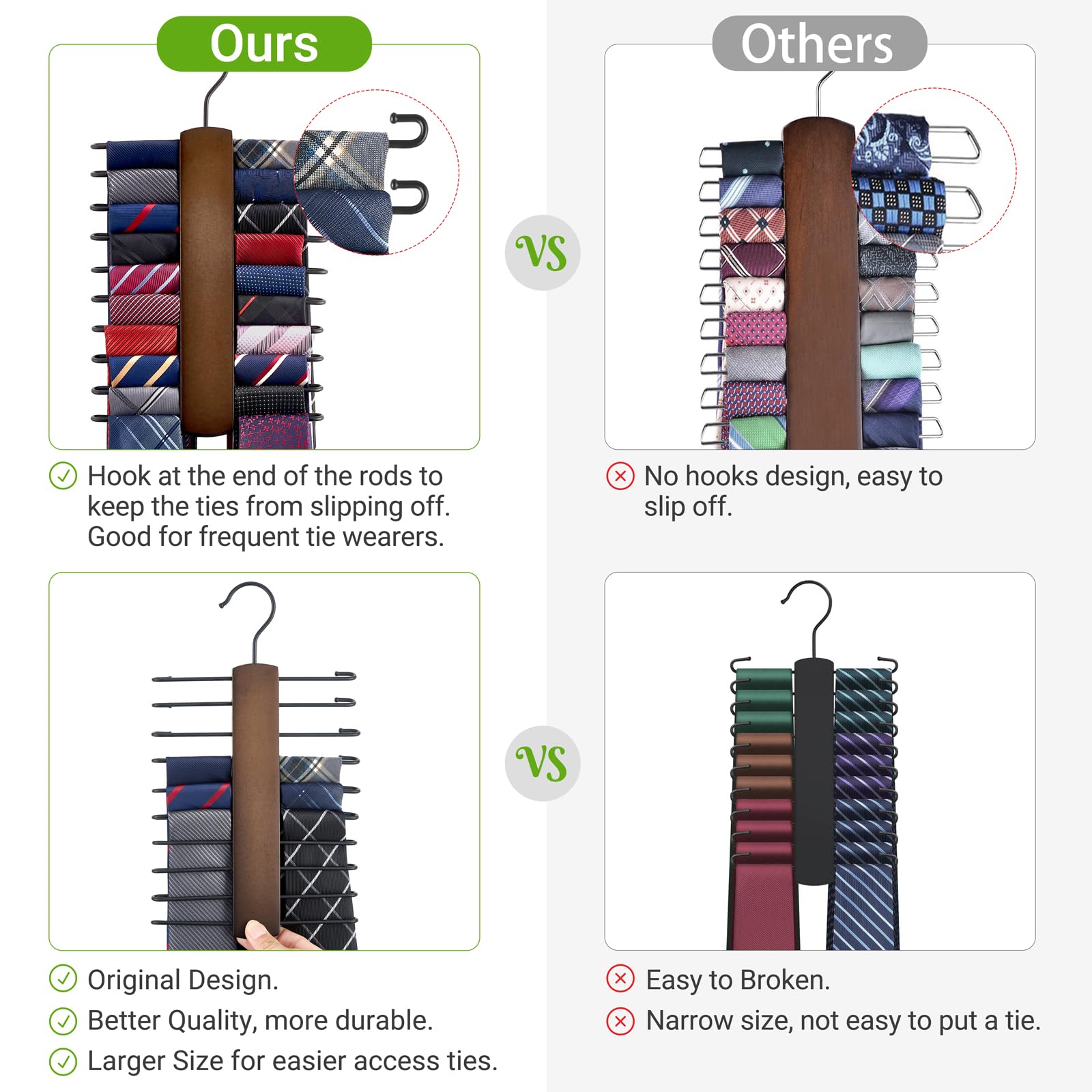 Mkono Wooden Tie Rack Retro Tie Belt Storage Hanger Organizer For Men Closet Space Saving Rack With 20 Non-Slip Hooks For Ties B