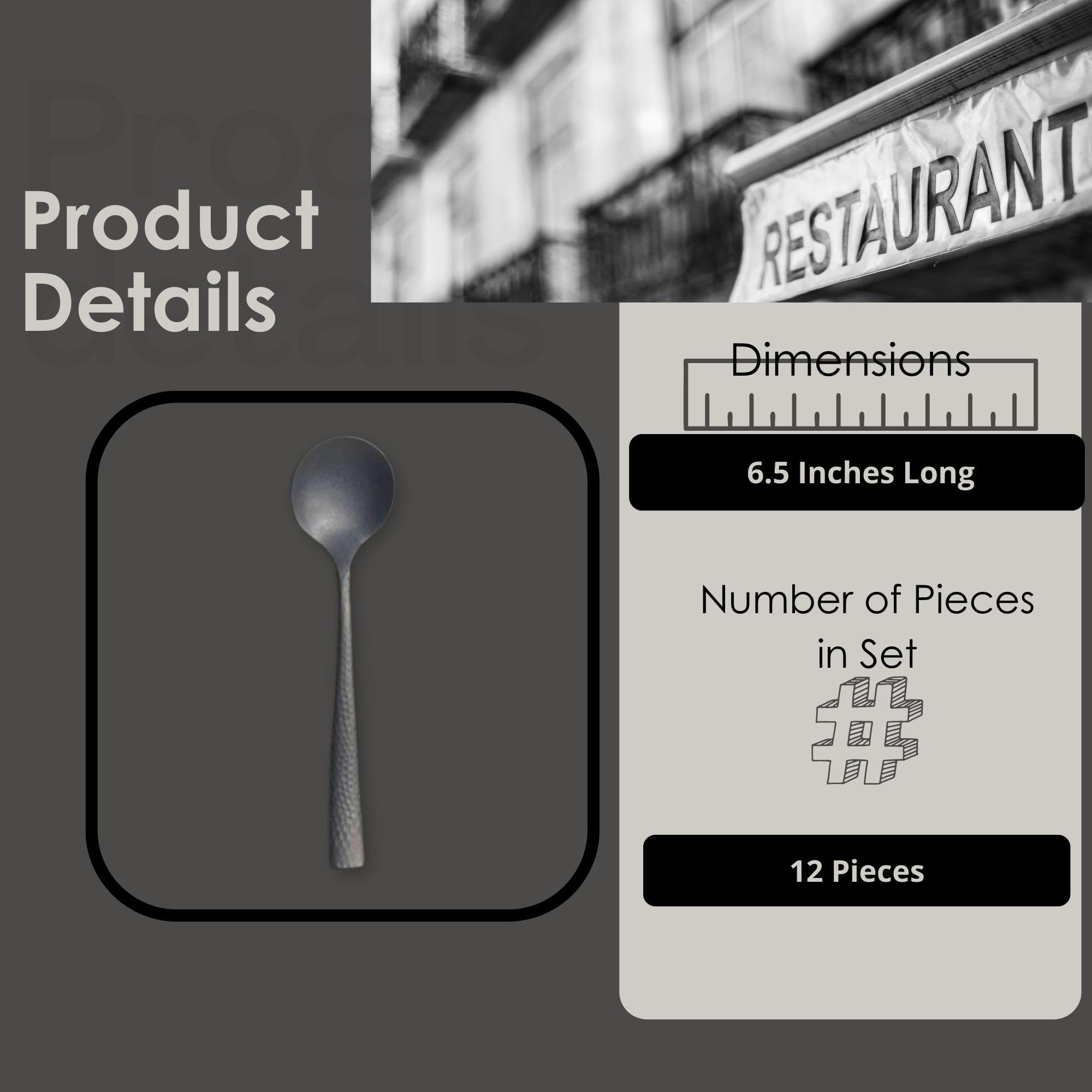 Steelite Round Bouillon Soup Spoons, Varick Malcolm Black Hammered Textured Handle, 18/10 Stainless Steel Utensils, Silverware F