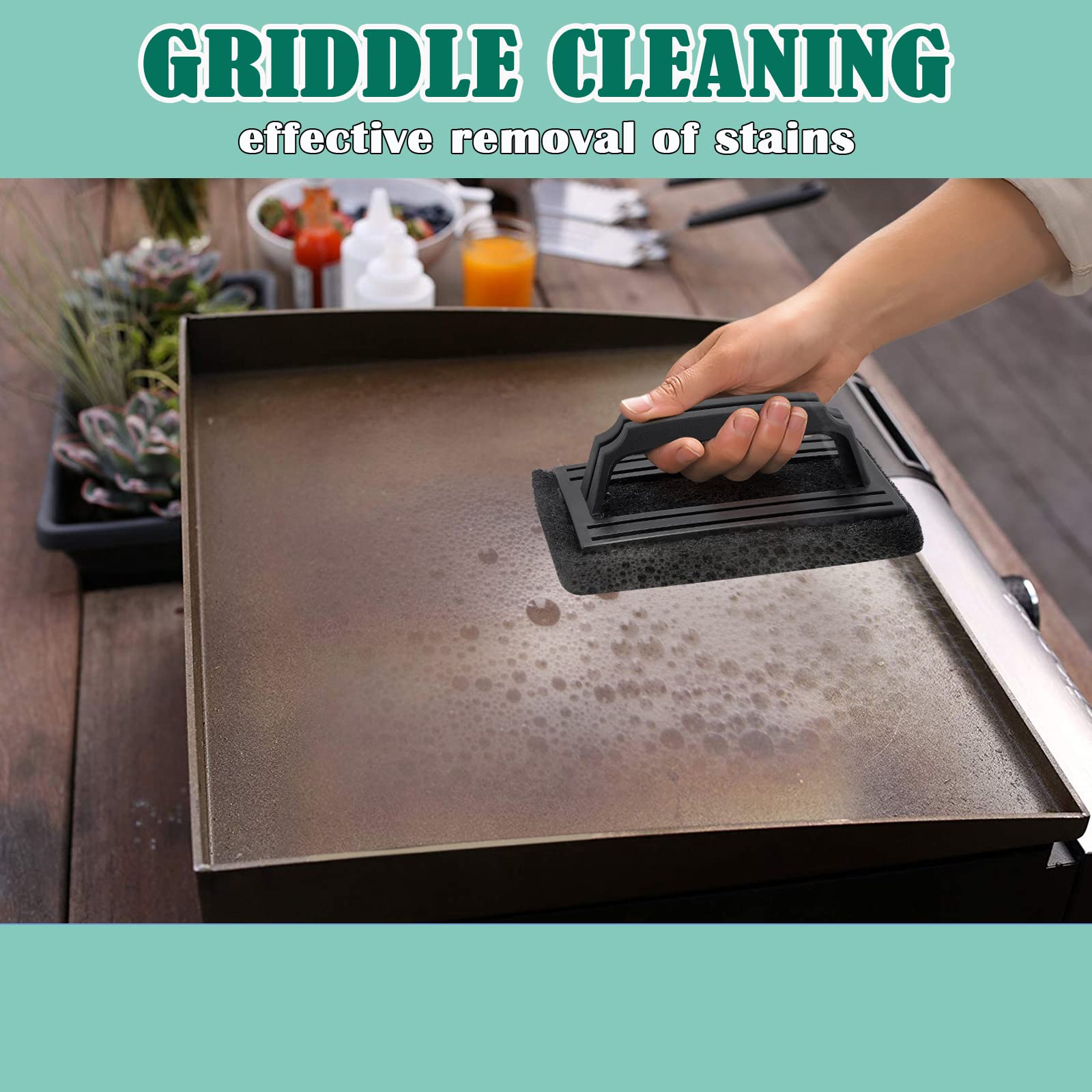 Griddle Cleaning Kit 4Pcs, Hasteel Griddle Scouring Pad Cleaner With Handle, Heavy Duty Flat Top Grill Cleaning Brush For Hot &