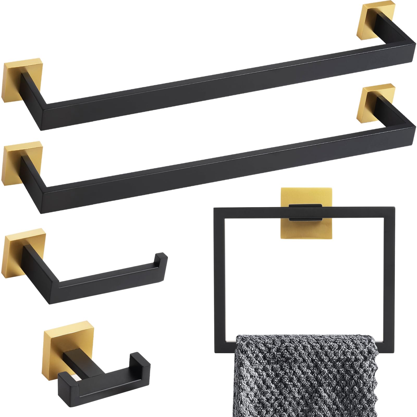 5-Piece Mattle Black And Brushed Gold Bathroom Hardware Accessories Set, Lava Odoro Bath Towel Bar Holder Set Towel Rack Set Sta