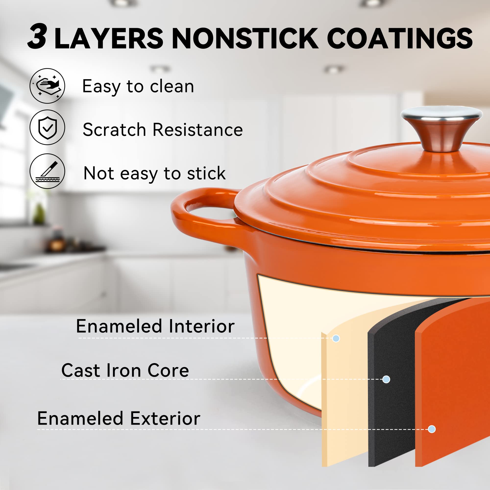 Miereirl 6 Qt Enameled Dutch Oven Pot With Lid, Cast Iron Dutch Oven With Dual Handles For Bread Baking, Cooking, Non-Stick Enam