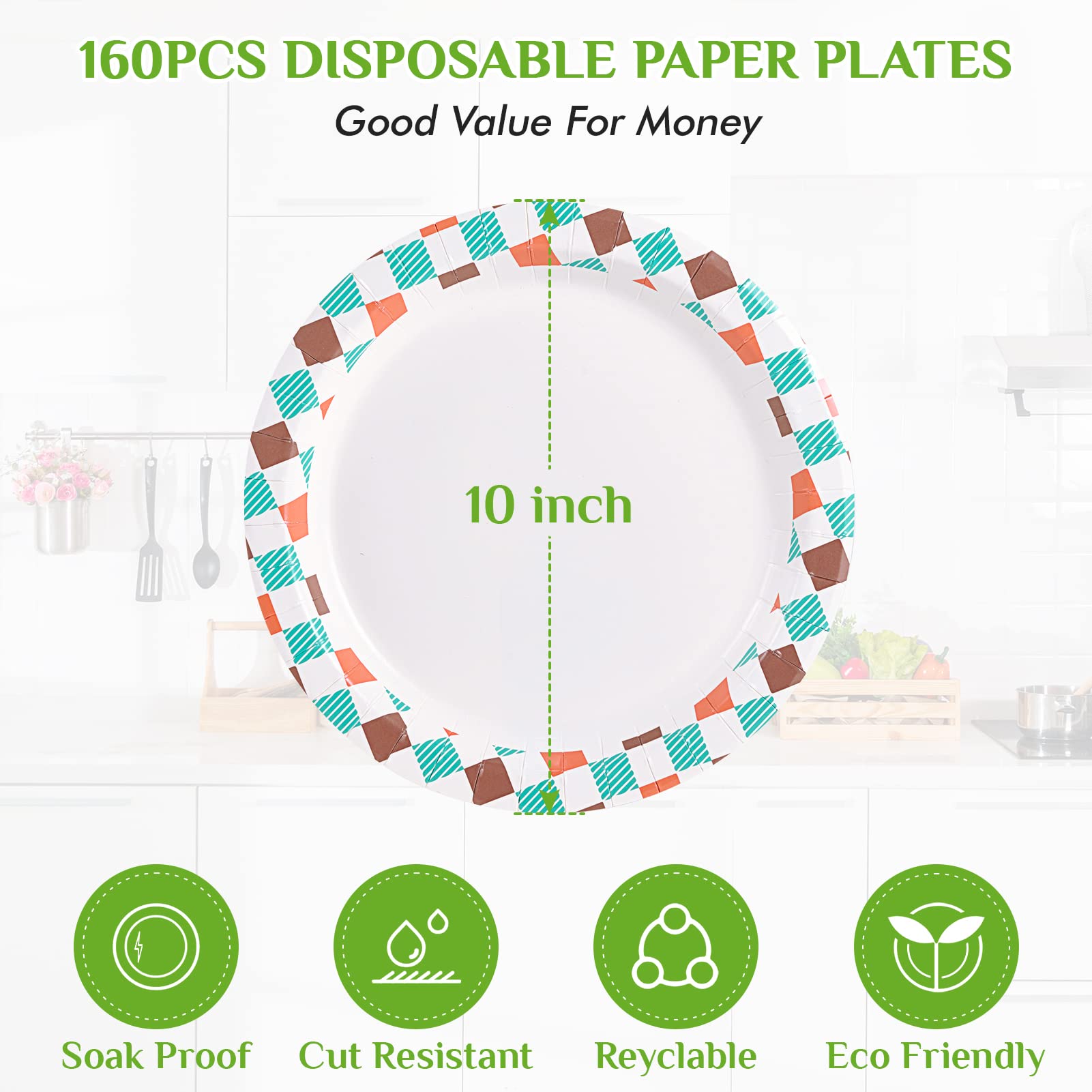 FOCUSLINE 10 inch Paper Plates  Disposable Paper Plates 10 inch Bulk 160 Count  Soak-Proof & Cut-Proof Bulk Paper Plates for Parties  Picnic and Family Gatherings.