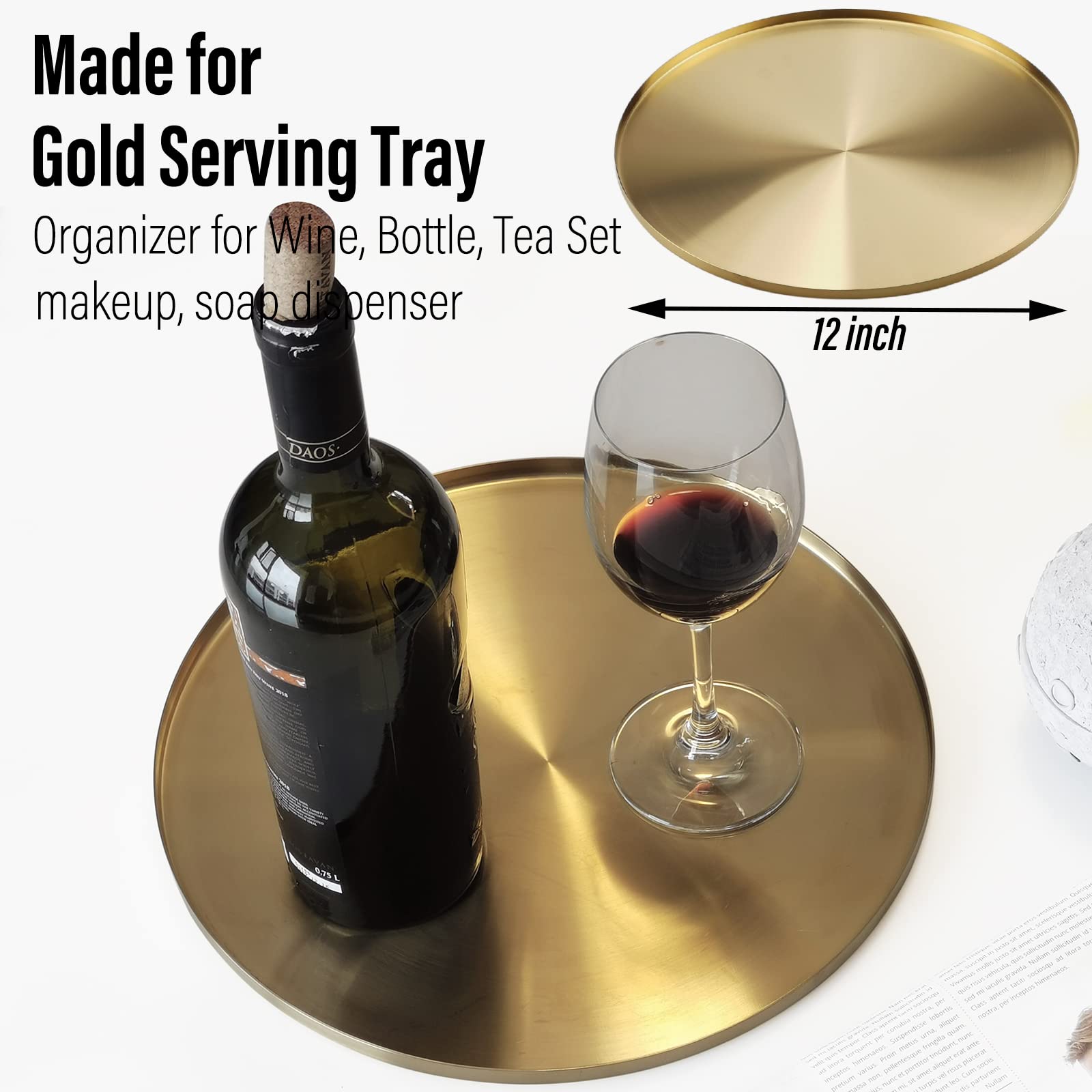 Freelove Brass Gold Serving Tray, Circle Round Decorative Platter, Metal Brushed Decor Plate, 12 Inch Golden Circular Server, De