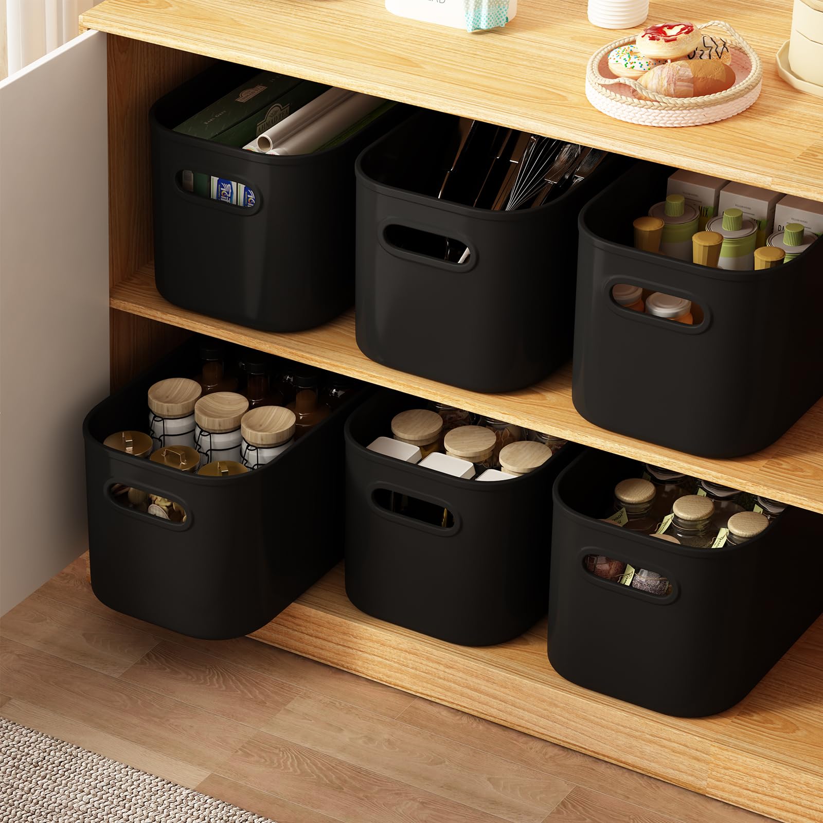 Orgidol 6 Pack Black Storage Bins With Lids Stackable Storage Container For Organizing, Storage Boxes With Handle For Shelves, C