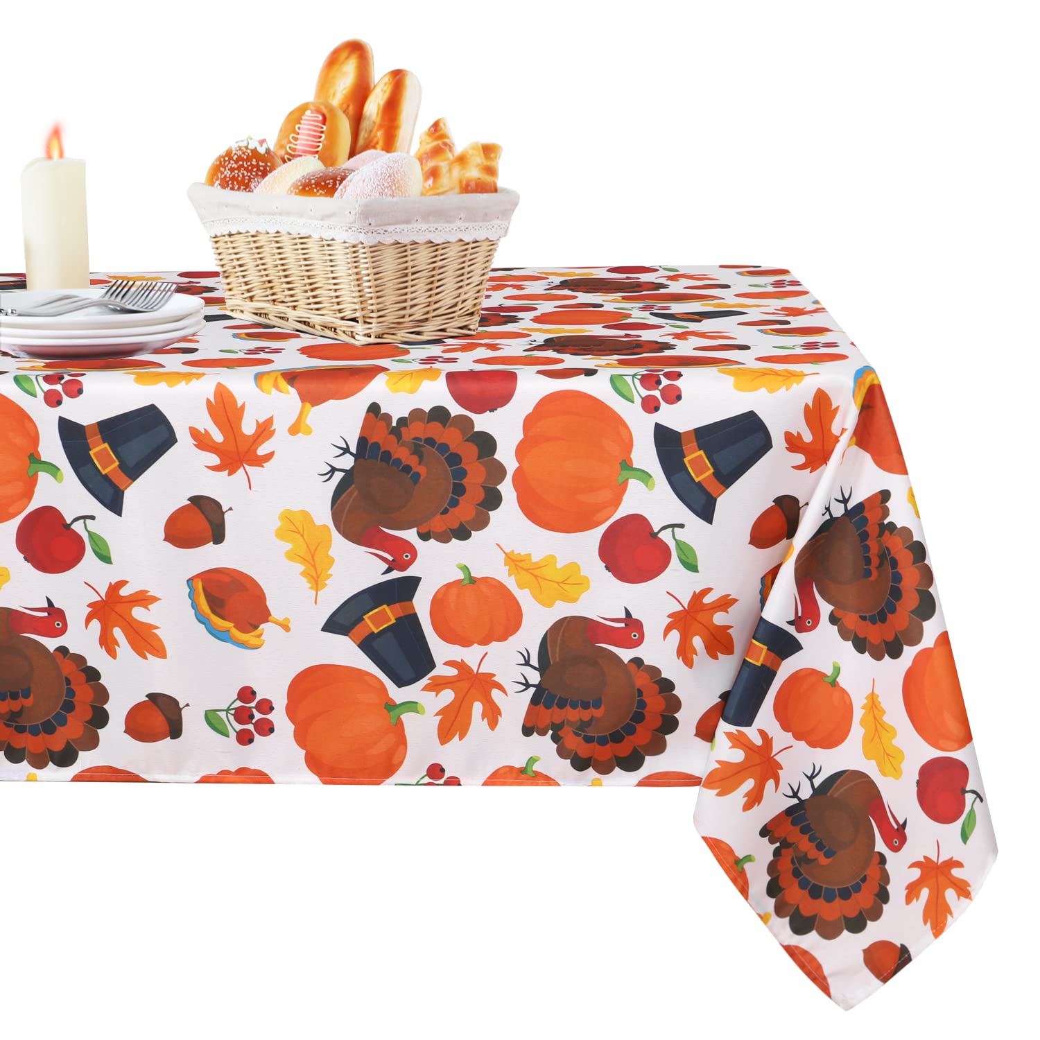 LUSHVIDA Rectangle Fall Tablecloth 60x84 inch Pumpkins & Turkeys- Washable Wrinkle Resistant Thanksgiving Tablecloth for Fall/Ha