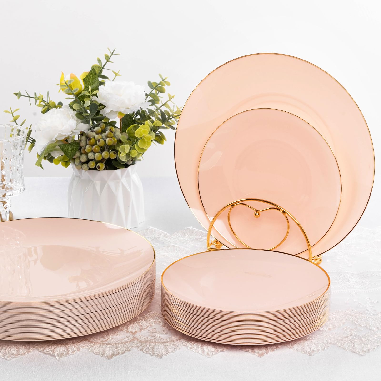 350 Pieces Pink Gold Plastic Dinnerware Set, Pink And Gold Disposable Plates For Party, Valentine'S Day, Include 100 Pink Plates