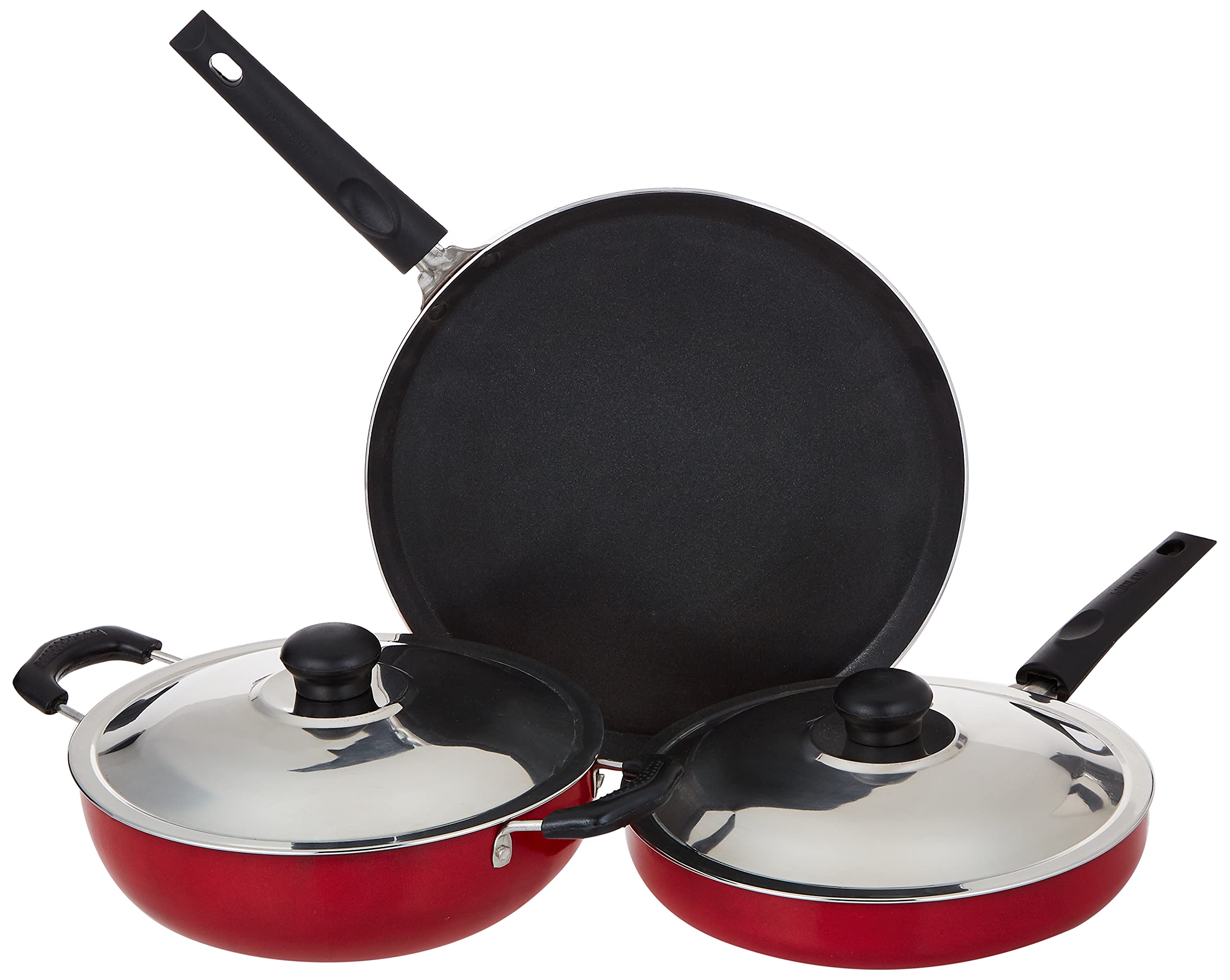 Nirlon Aluminium NonStick Cookware Set, 3  Pieces, Red (2.6Mm_Ft13_Fp12_Dkd(B))