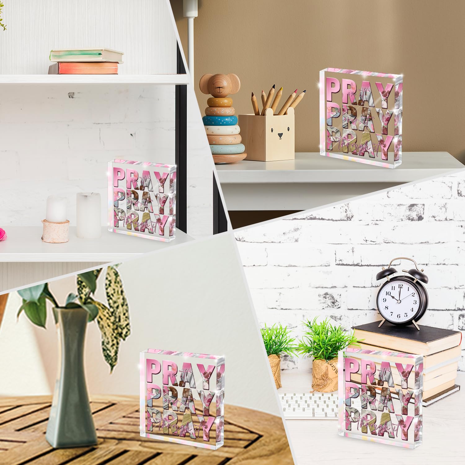 Religious Gifts for Women, Pink Inspirational Decor Pray Over It Bible Verse Art Christian Gifts, 4x 4 Inches Office Desk Access
