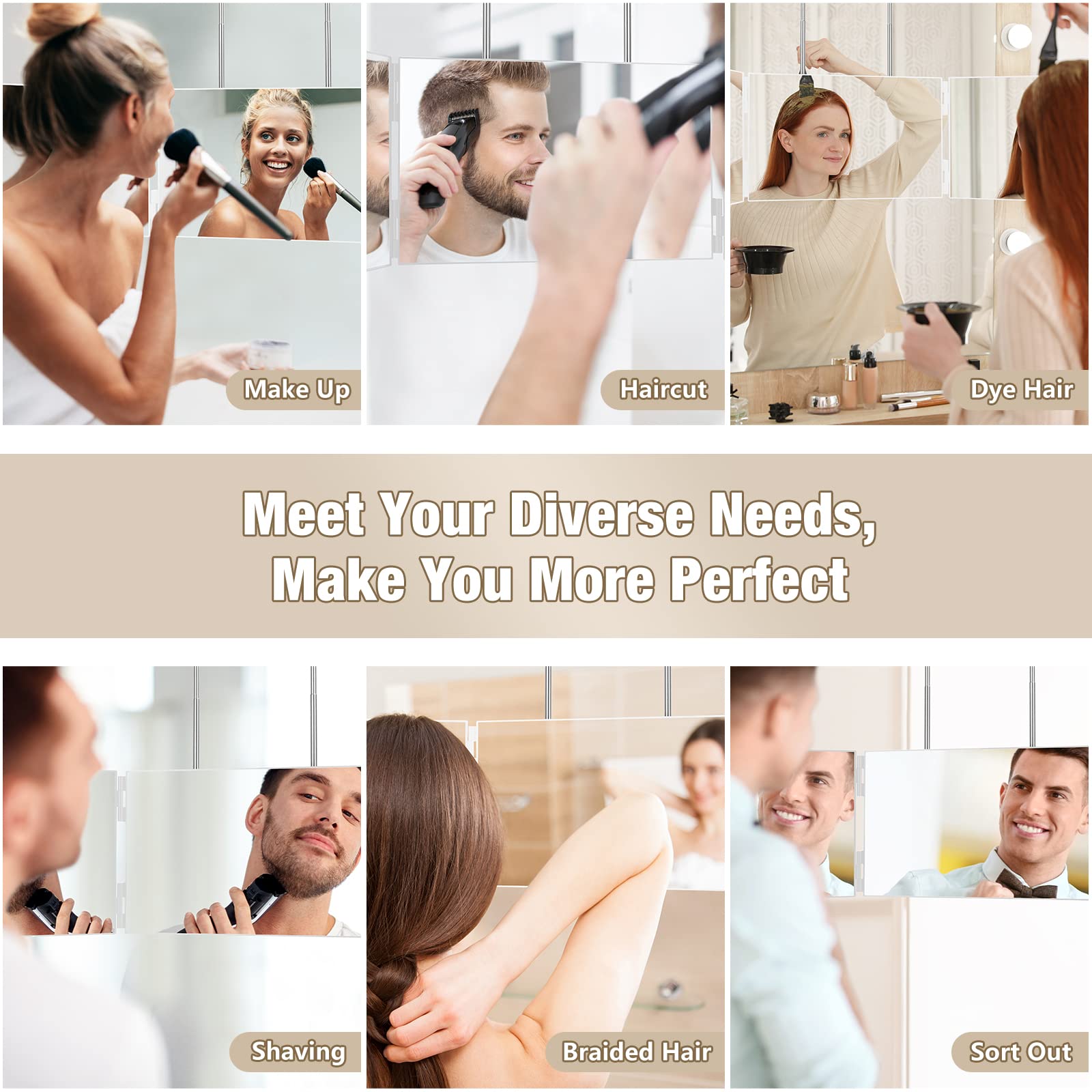 Dripex 3 Way Mirror For Self Hair Cutting, 360 Mirror For Men Or Women, Trifold Self Haircut Mirror With Height Adjustable Hooks