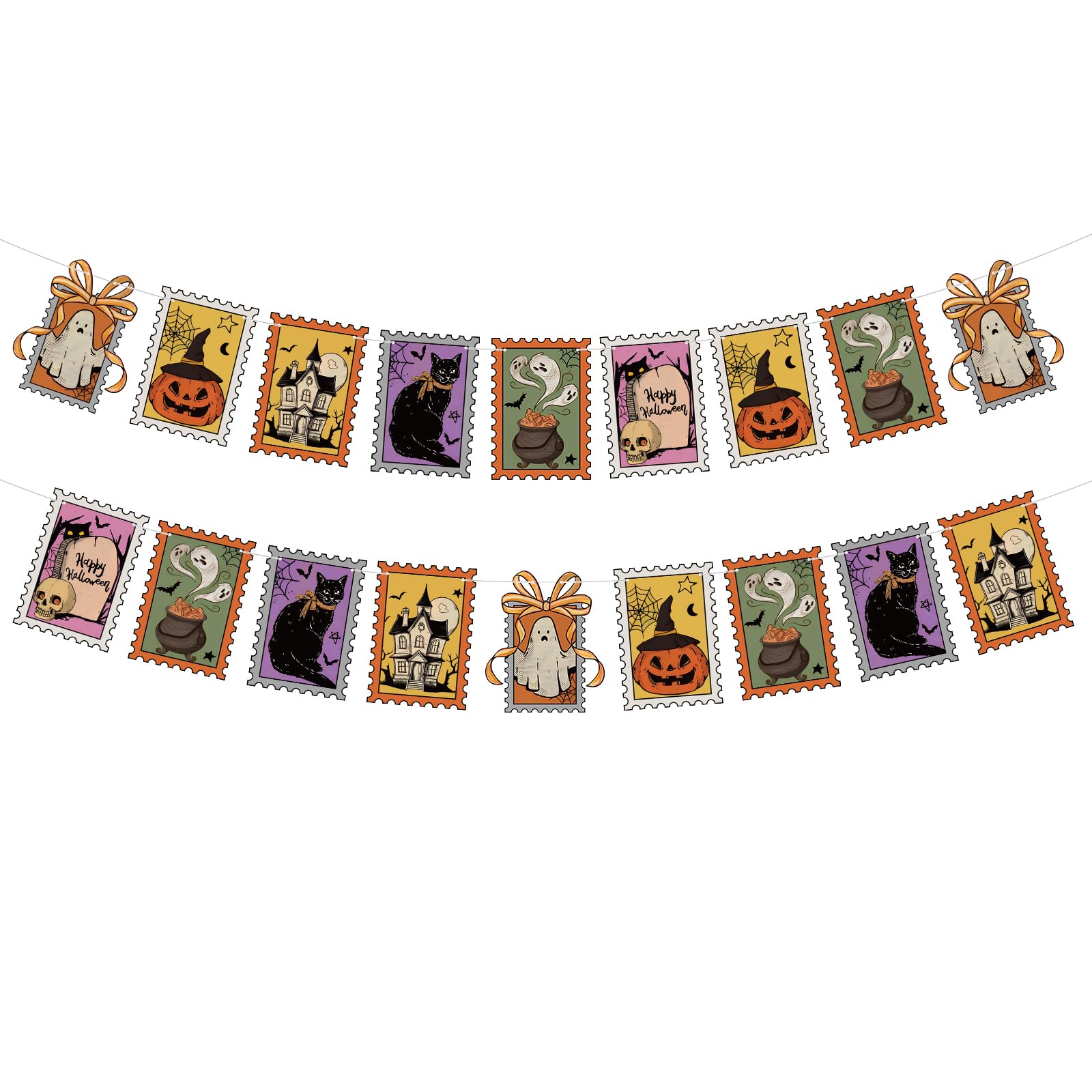 Oudain 2 Pack Vintage Halloween Hanging Banner Decoration 6.56 ft Retro Pumpkin Ghost Cat Paper Bunting Garland for Happy Hallow