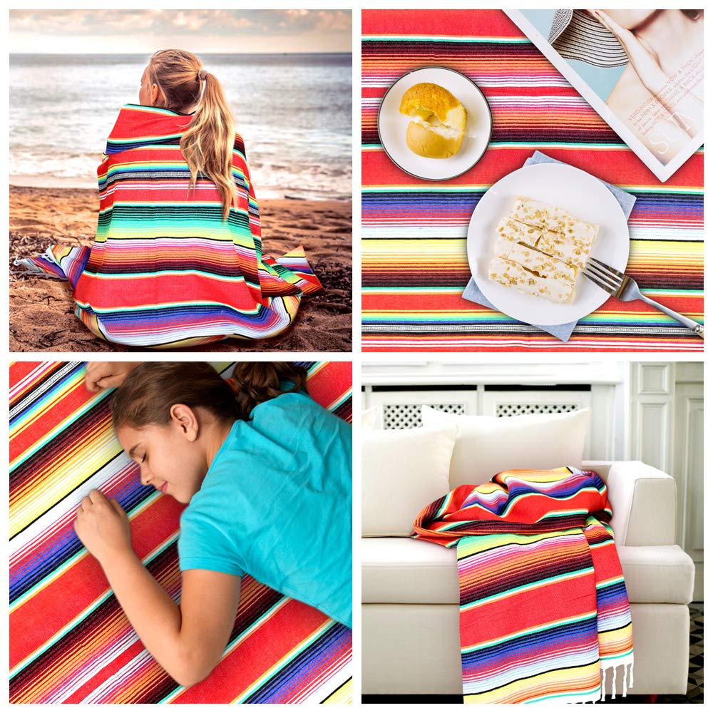 Eccbox 84 X 59 Inch Mexican Tablecloth For Mexican Wedding Party Decorations, Large Square Fringe Cotton Mexican Serape Blanket