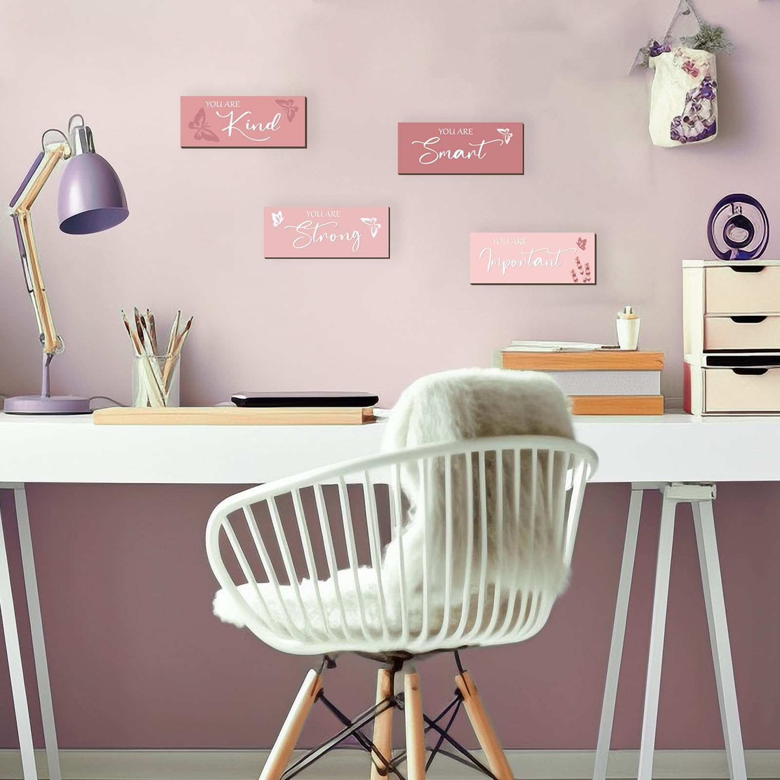FENCORDAR 4 Pcs Butterfly Wall Decor Girls Room Decor Wooden Pink Wall Decor Positive Butterfly Wall Art Prints Inspirational Gi