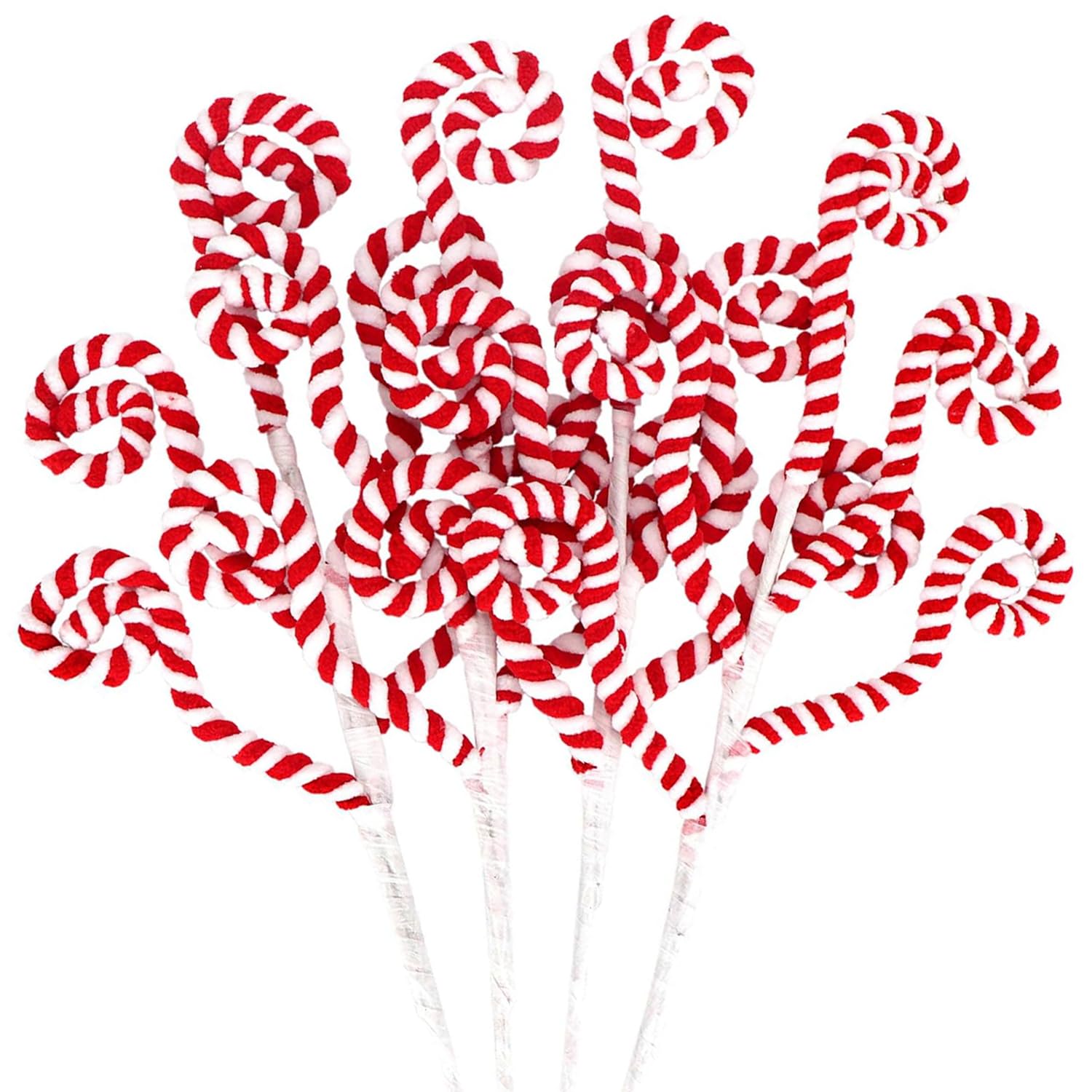 4 Pcs Red White Christmas Candy Cane Picks Curly Sprays Ornaments Cotton Peppermint Swirled Branches for Xmas Tree Topper Stems 