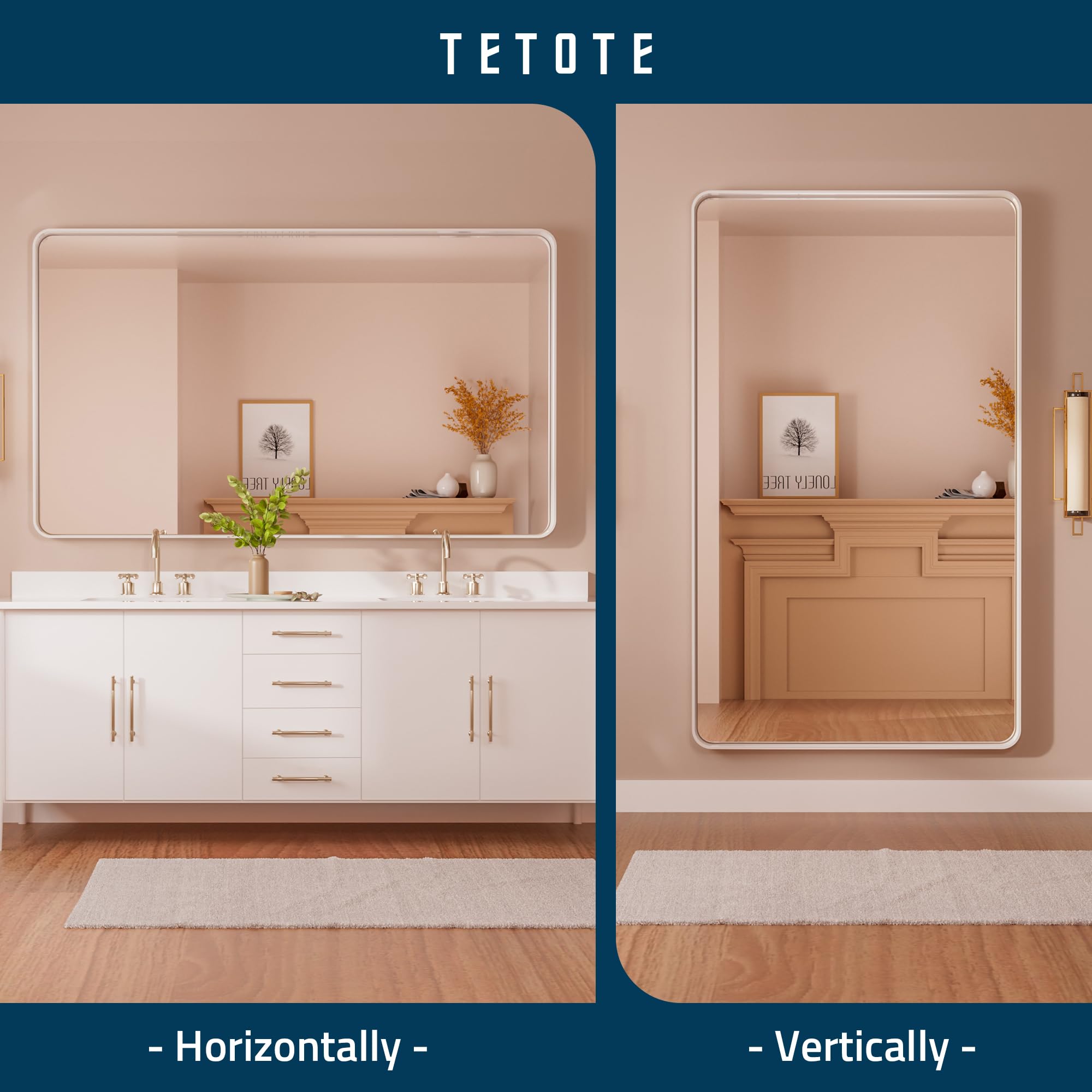 Tetote White Framed Mirror For Bathroom 60 X 36 Metal Frame Wall Mounted Rectangle Mirror For Vanity With Sandy Textured Surface